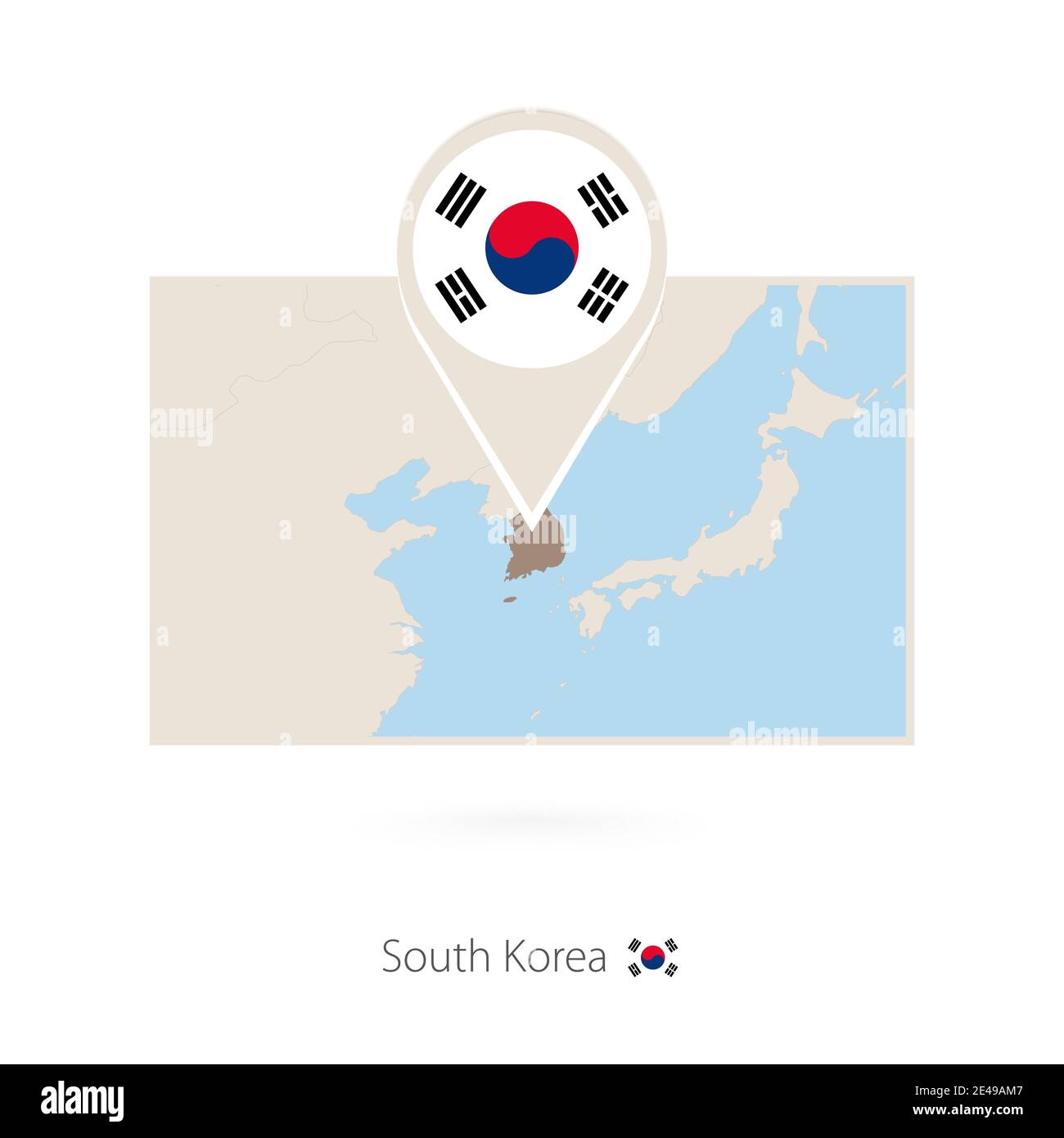Mappa rettangolare della Corea del Sud con icona a forma di spillo del Sud Corea Illustrazione Vettoriale