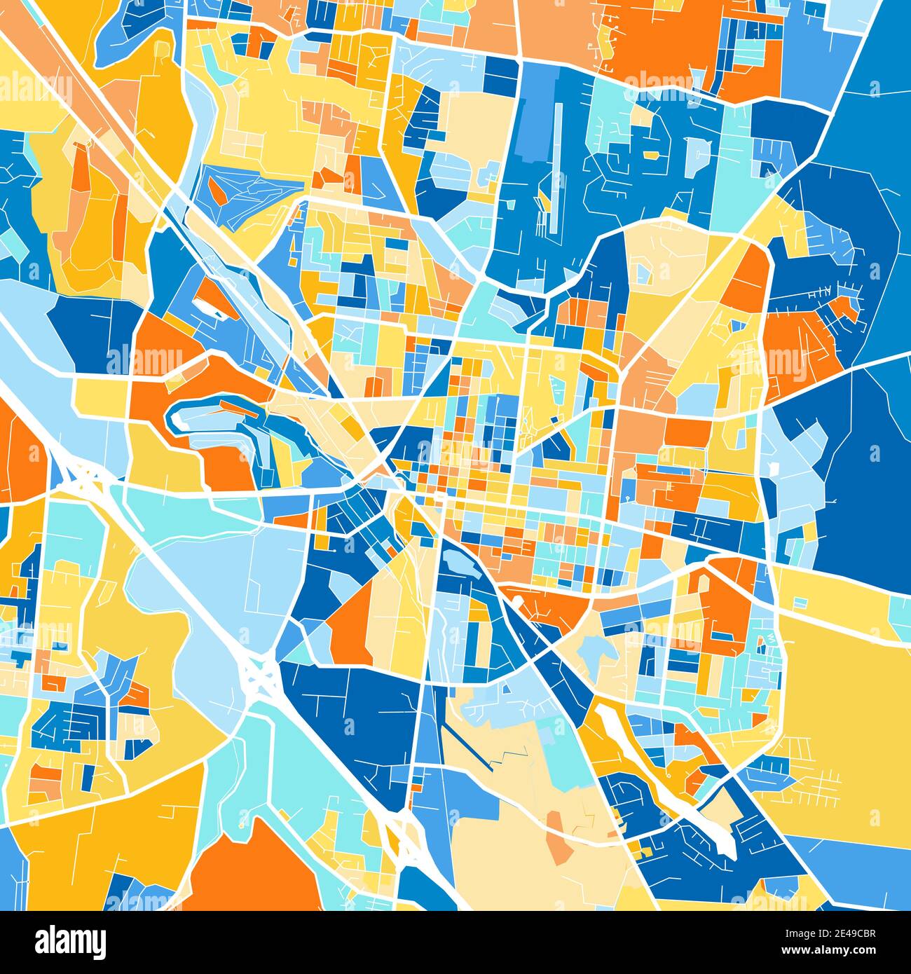 Mappa artistica a colori di Murfreesboro, Tennessee, UnitedStates in blu e arance. Le gradazioni di colore nella mappa di Murfreesboro seguono un motivo casuale. Illustrazione Vettoriale