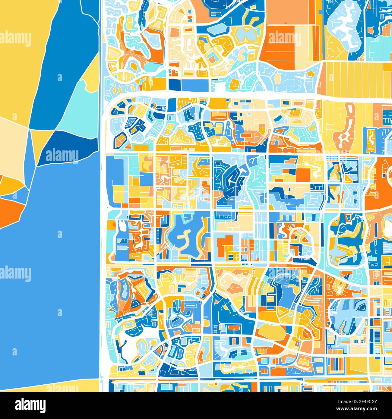 Mappa artistica a colori di CoralSprings, Florida, Stati Uniti in blu e arance. Le gradazioni di colore nella mappa CoralSprings seguono un motivo casuale. Illustrazione Vettoriale