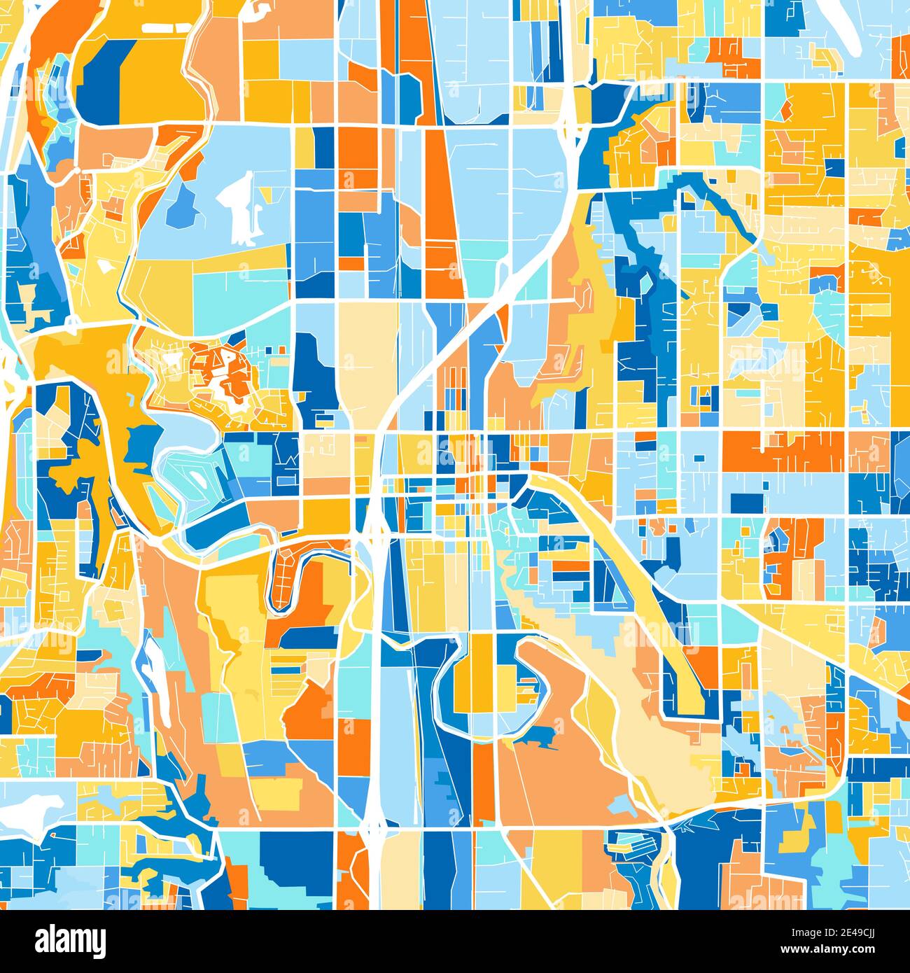 Mappa artistica a colori di Kent, Washington, UnitedStates in blu e arance. Le gradazioni di colore nella mappa Kent seguono un motivo casuale. Illustrazione Vettoriale