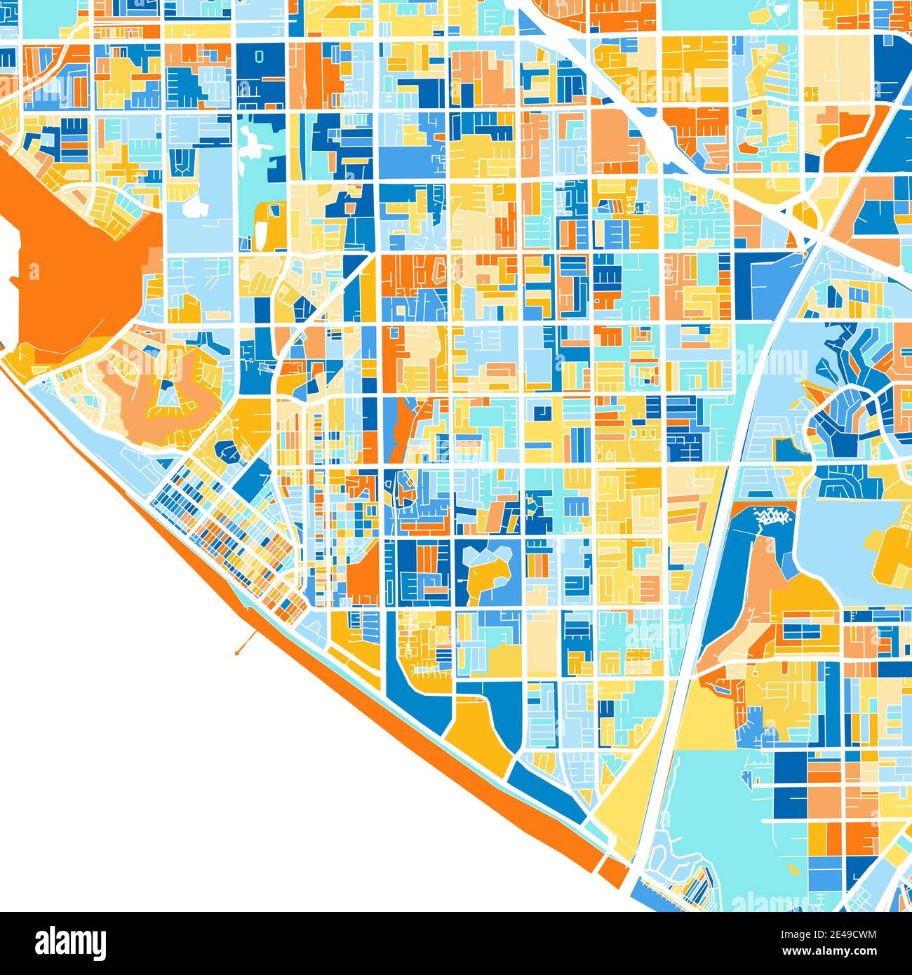 Mappa artistica a colori di HuntingtonBeach, California, Stati Uniti in blu e arance. Le gradazioni di colore nella mappa di HuntingtonBeach seguono un pattugliatore casuale Illustrazione Vettoriale