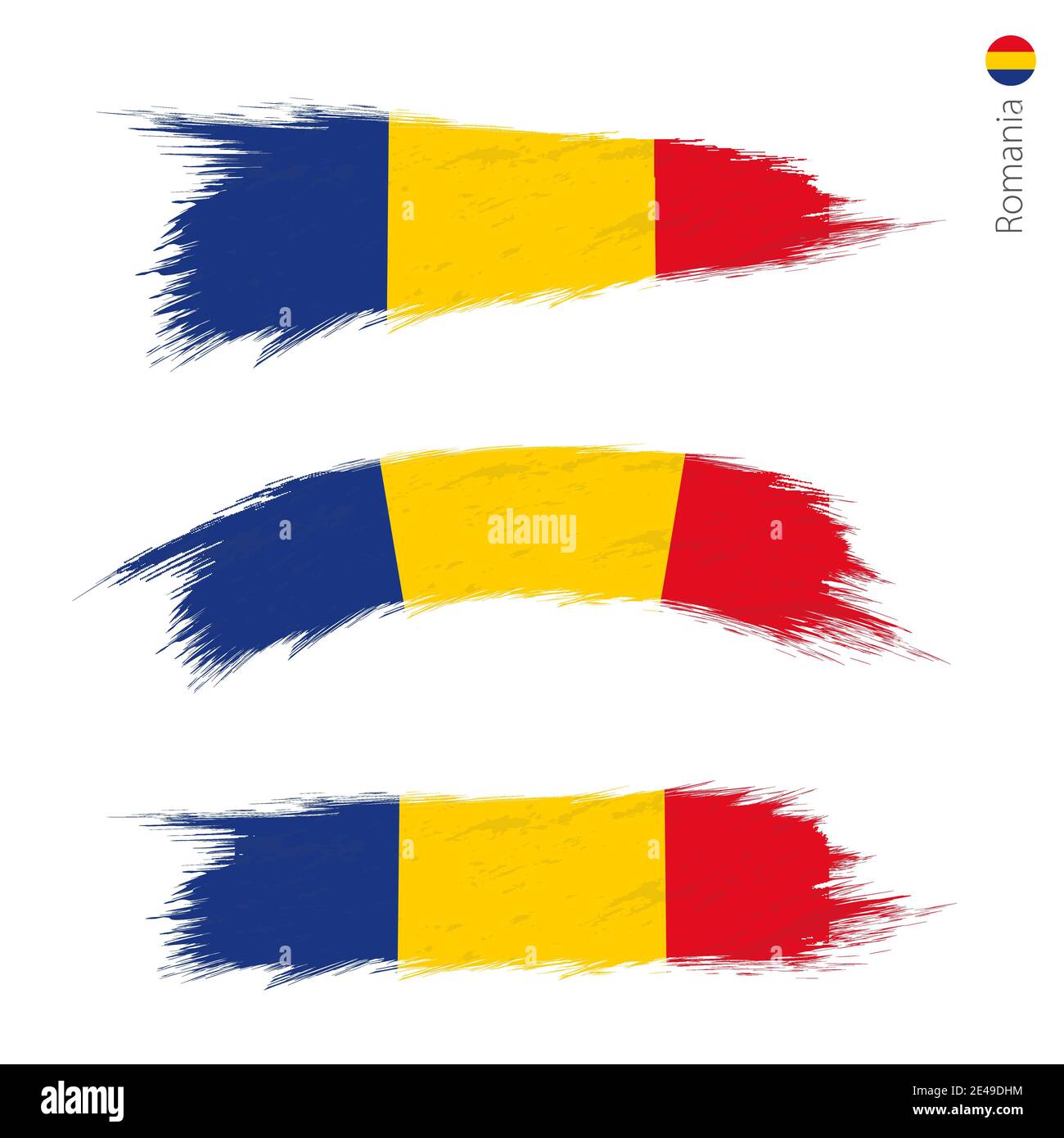 Set di 3 grunge textured bandiera della Romania, tre versioni di bandiera nazionale paese in pennellate stile dipinto. Allarmi vettoriali. Illustrazione Vettoriale