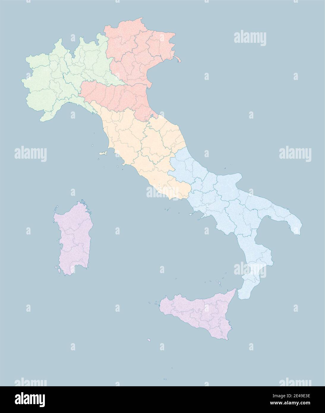 Mappa dell'Italia, divisione per zone, regioni, province e comuni. Poligoni chiusi e perfettamente modificabili, riempimento poligono e tracciati di colore modificabili Illustrazione Vettoriale
