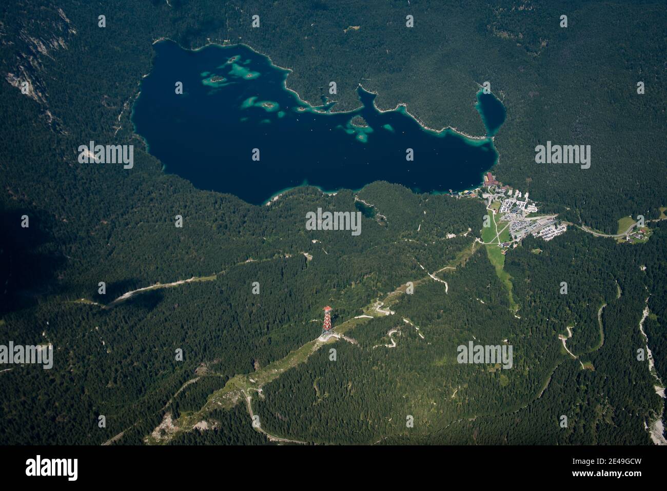 Eibsee, Grainau, Zugspitzbahn, Garmisch-Partenkirchen, veduta aerea, Werdenfelser Land, Oberland, Baviera, Germania Foto Stock