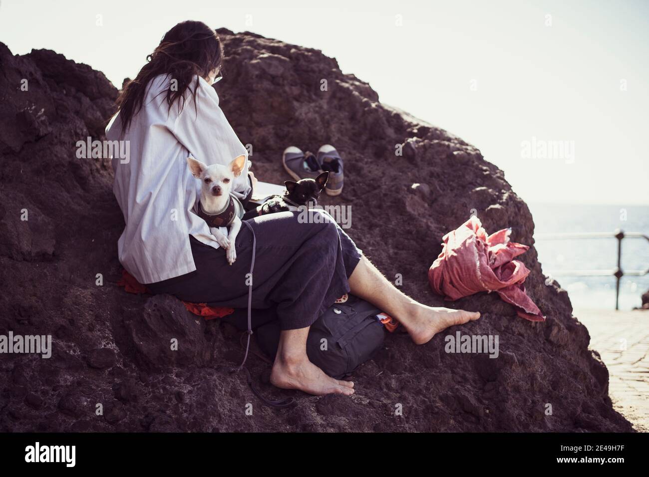 donna naturale si siede sulla roccia con due cani carini sopra Giro in mare in Spagna Foto Stock