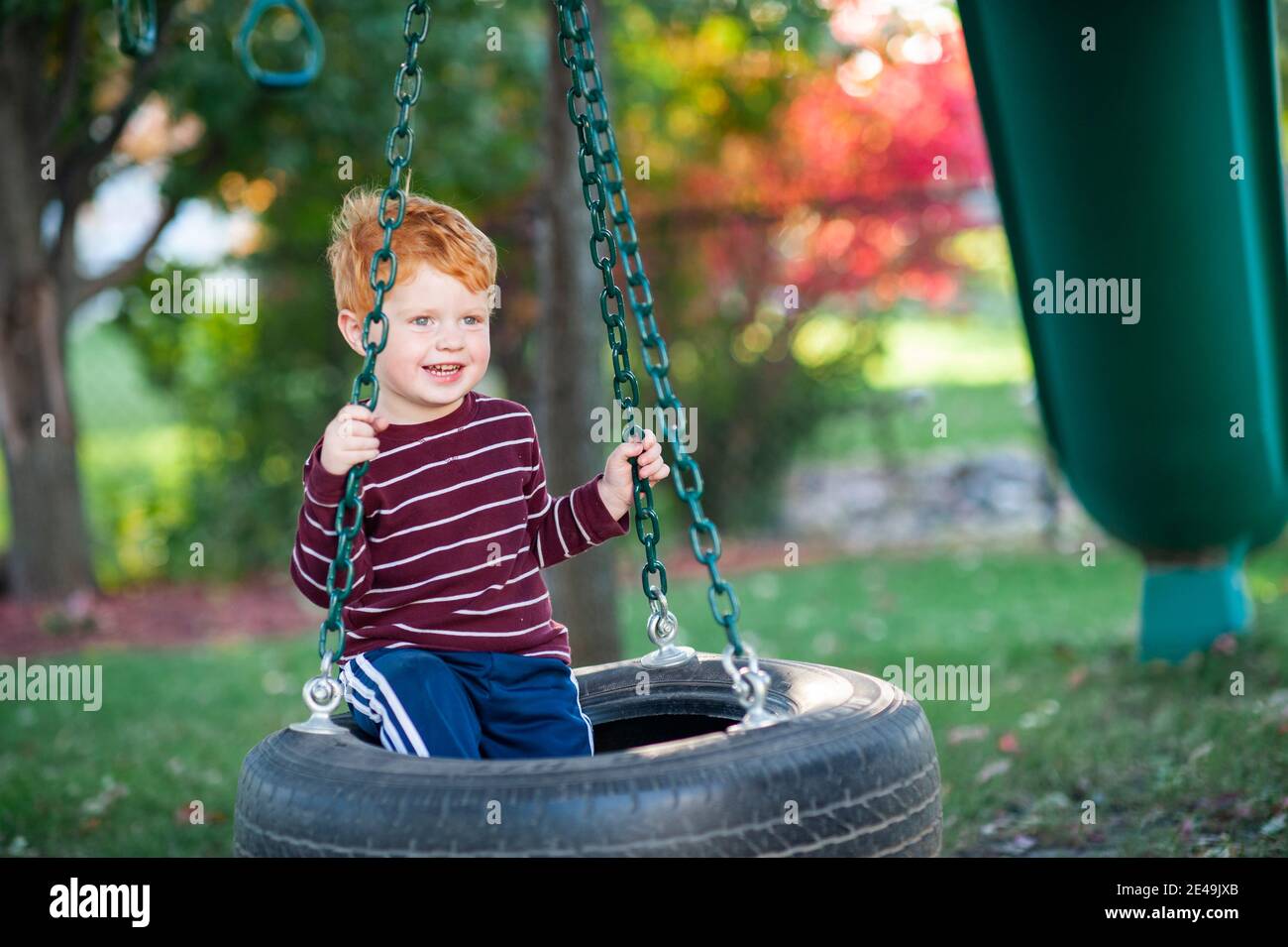 Ragazzo di 3-4 anni ridendo e oscillando sul pneumatico swing all'aperto Foto Stock