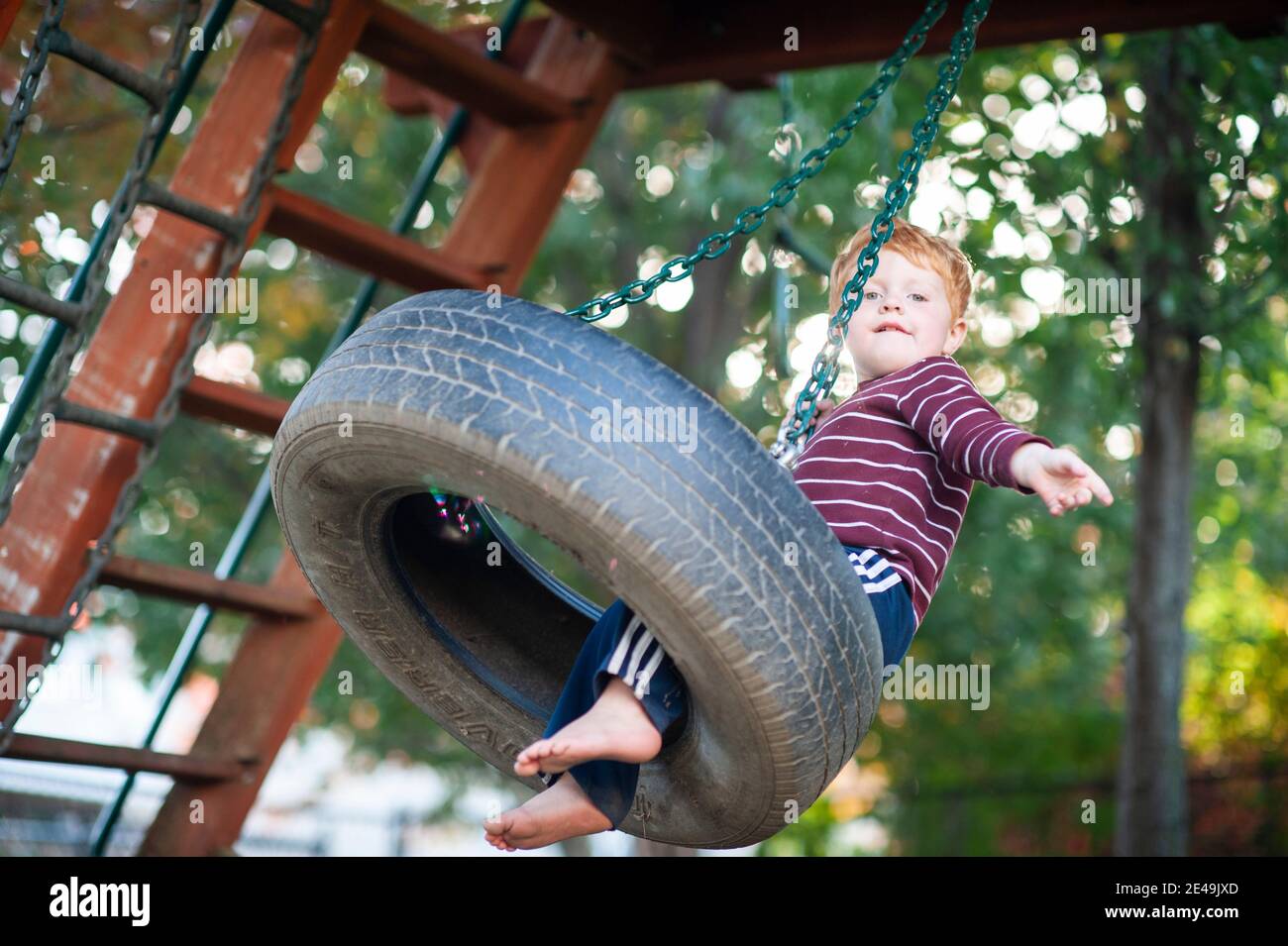 Ragazzo di 3-4 anni che oscilla sul pneumatico in cortile durante l'autunno Foto Stock