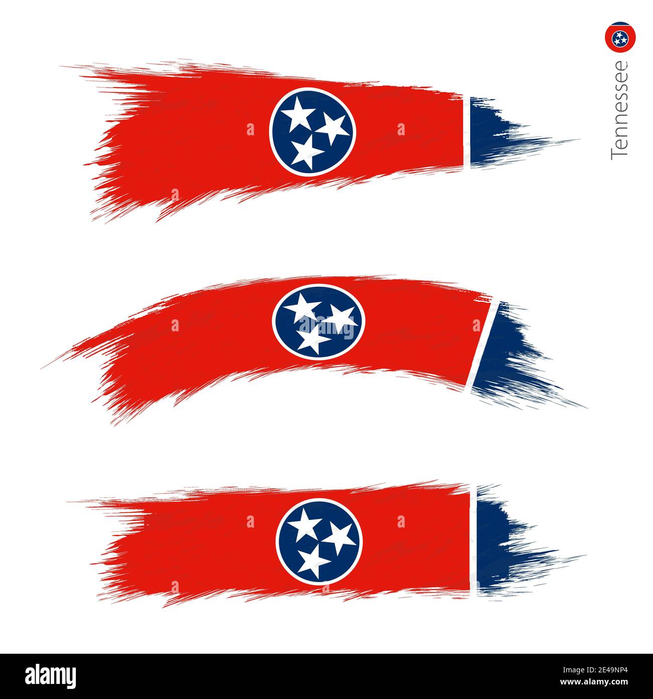 Set di 3 bandiere testurizzate grunge dello stato degli Stati Uniti del Tennessee, tre versioni di bandiere di stato in pennellate di stile. Allarmi vettoriali. Illustrazione Vettoriale