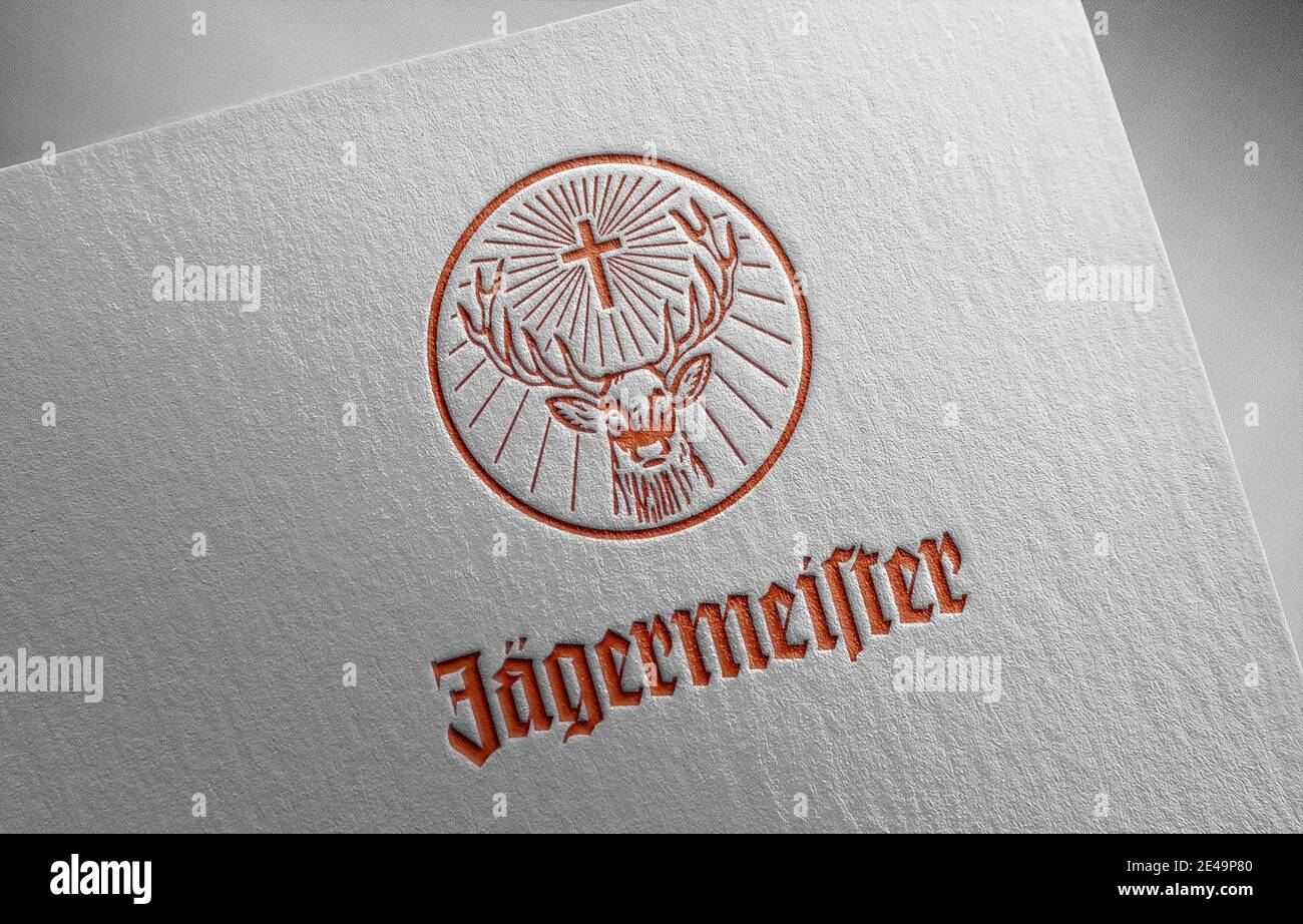 logo jagermeister su carta Foto Stock