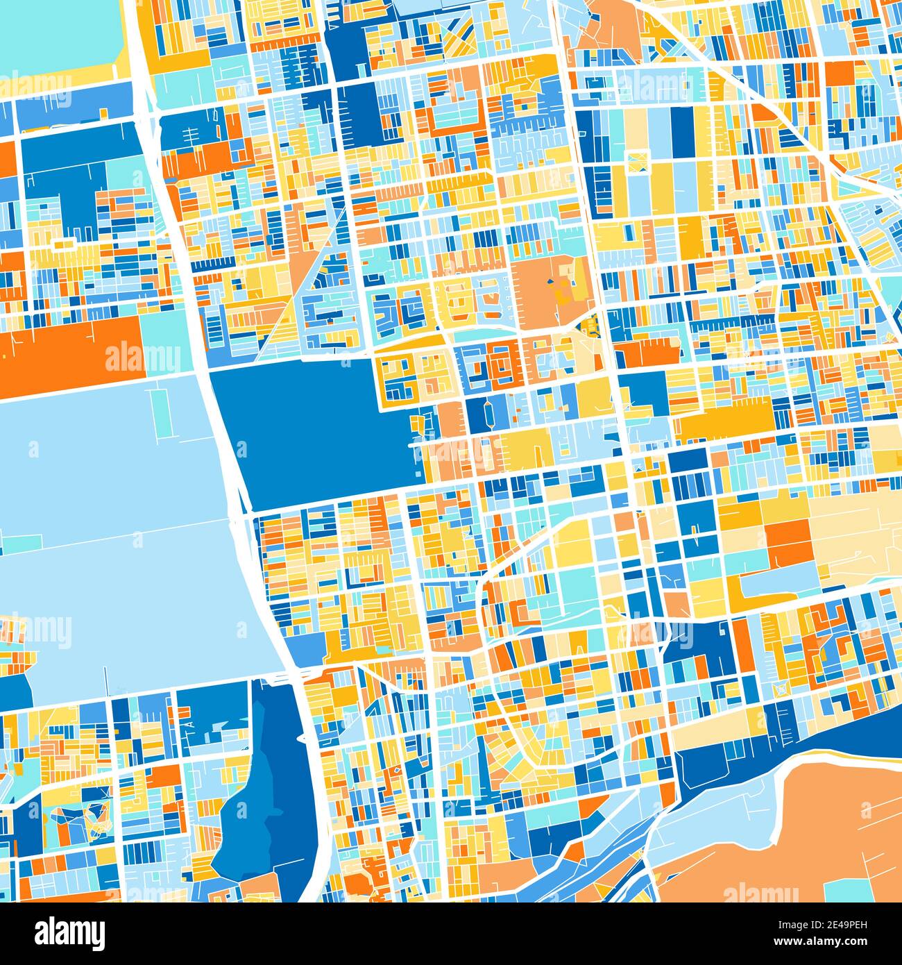 Mappa a colori di PuenteAlto, Cile, Cile in blu e arance. Le gradazioni di colore nella mappa di PuenteAlto seguono un motivo casuale. Illustrazione Vettoriale