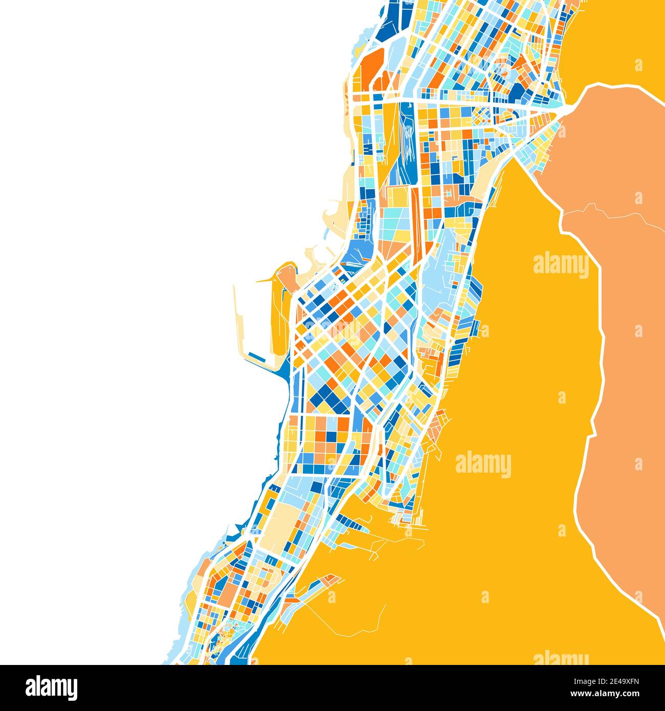 Mappa artistica a colori di Antofagasta, Cile, Cile in blu e arance. Le gradazioni di colore nella mappa Antofagasta seguono un motivo casuale. Illustrazione Vettoriale