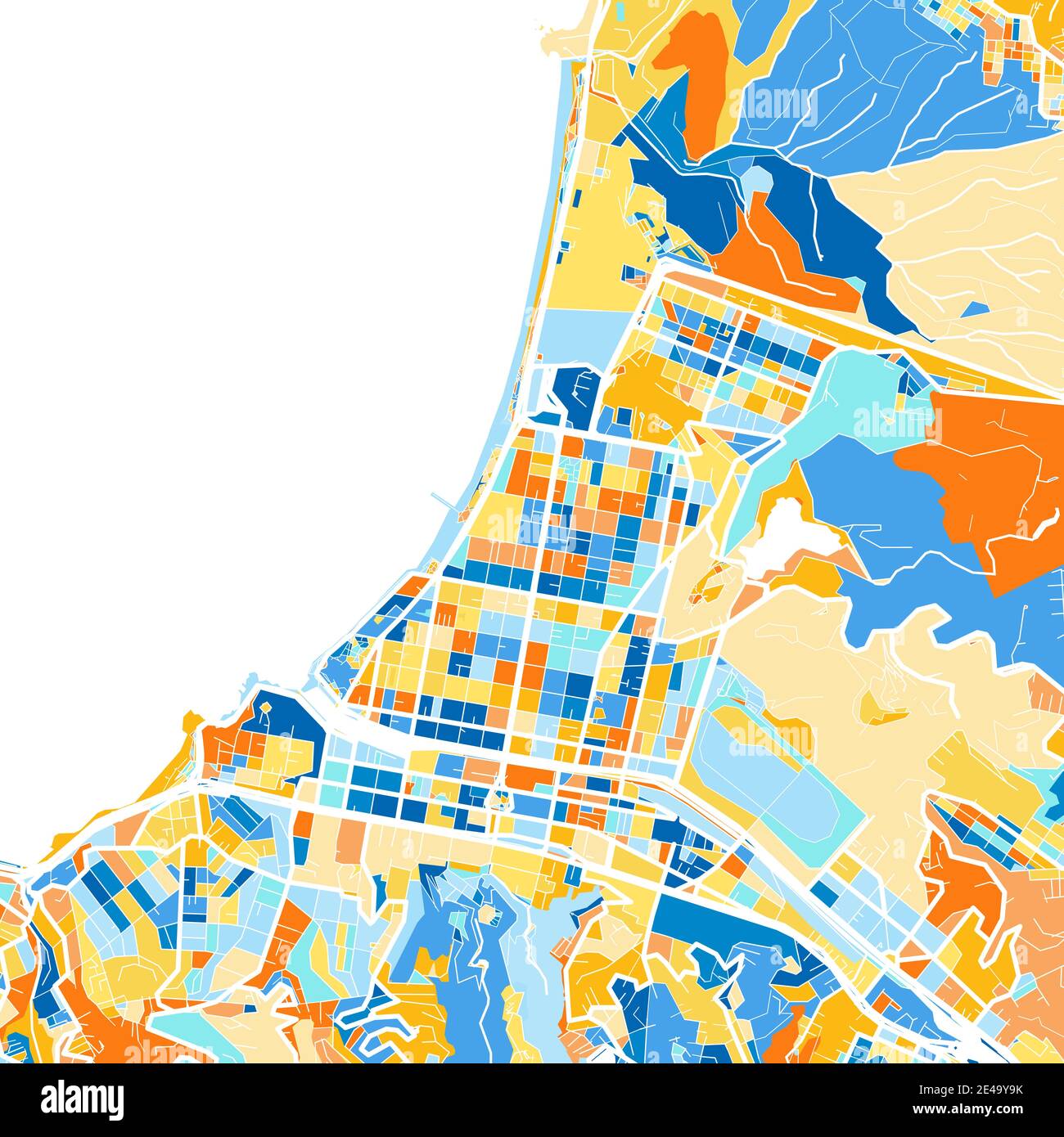 Mappa a colori di VinadelMar, Cile, Cile in blu e arance. Le gradazioni di colore nella mappa di VinadelMar seguono un motivo casuale. Illustrazione Vettoriale
