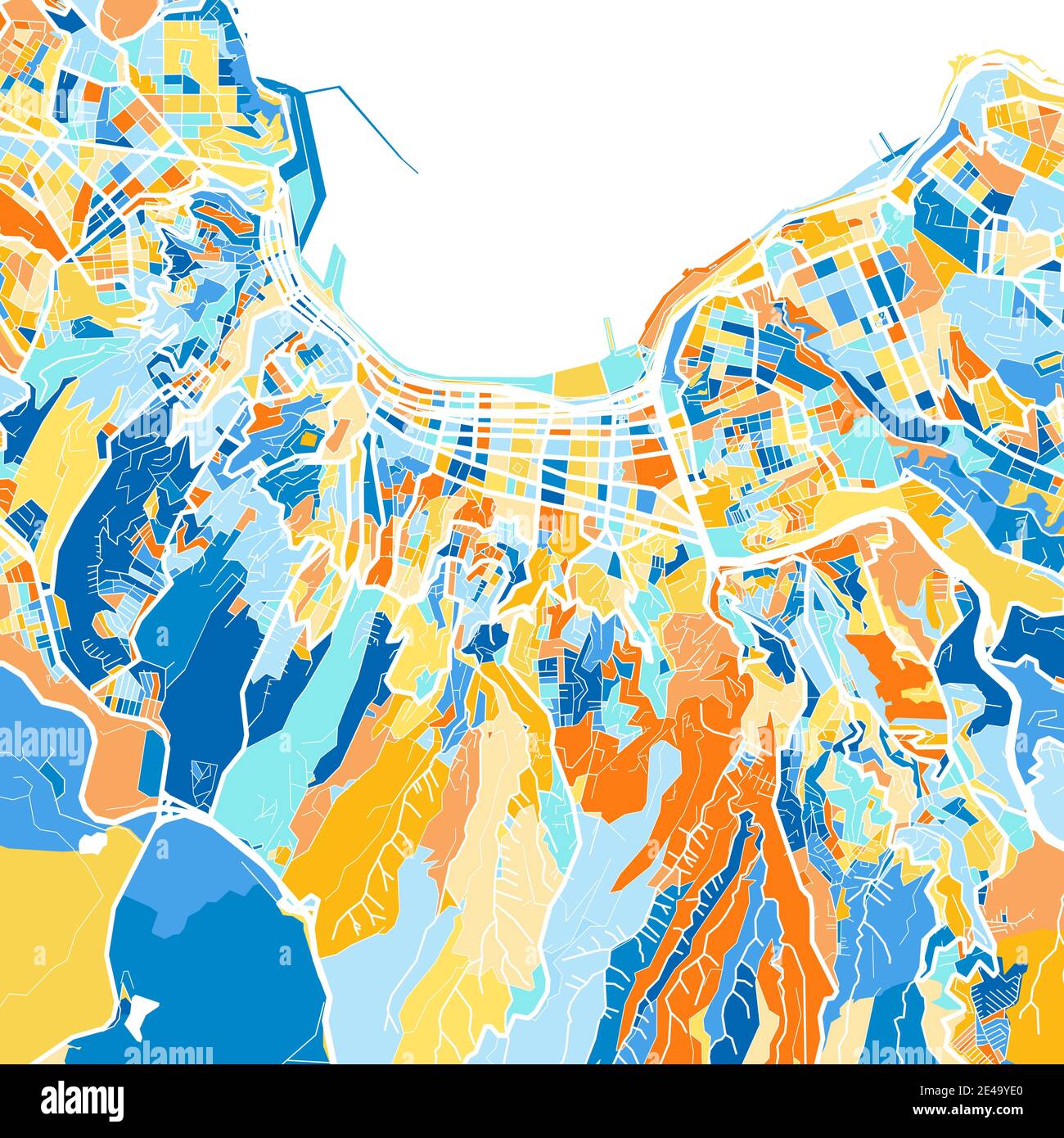 Mappa artistica a colori di Valparaiso, Cile, Cile in blu e arance. Le gradazioni di colore nella mappa Valparaiso seguono un motivo casuale. Illustrazione Vettoriale