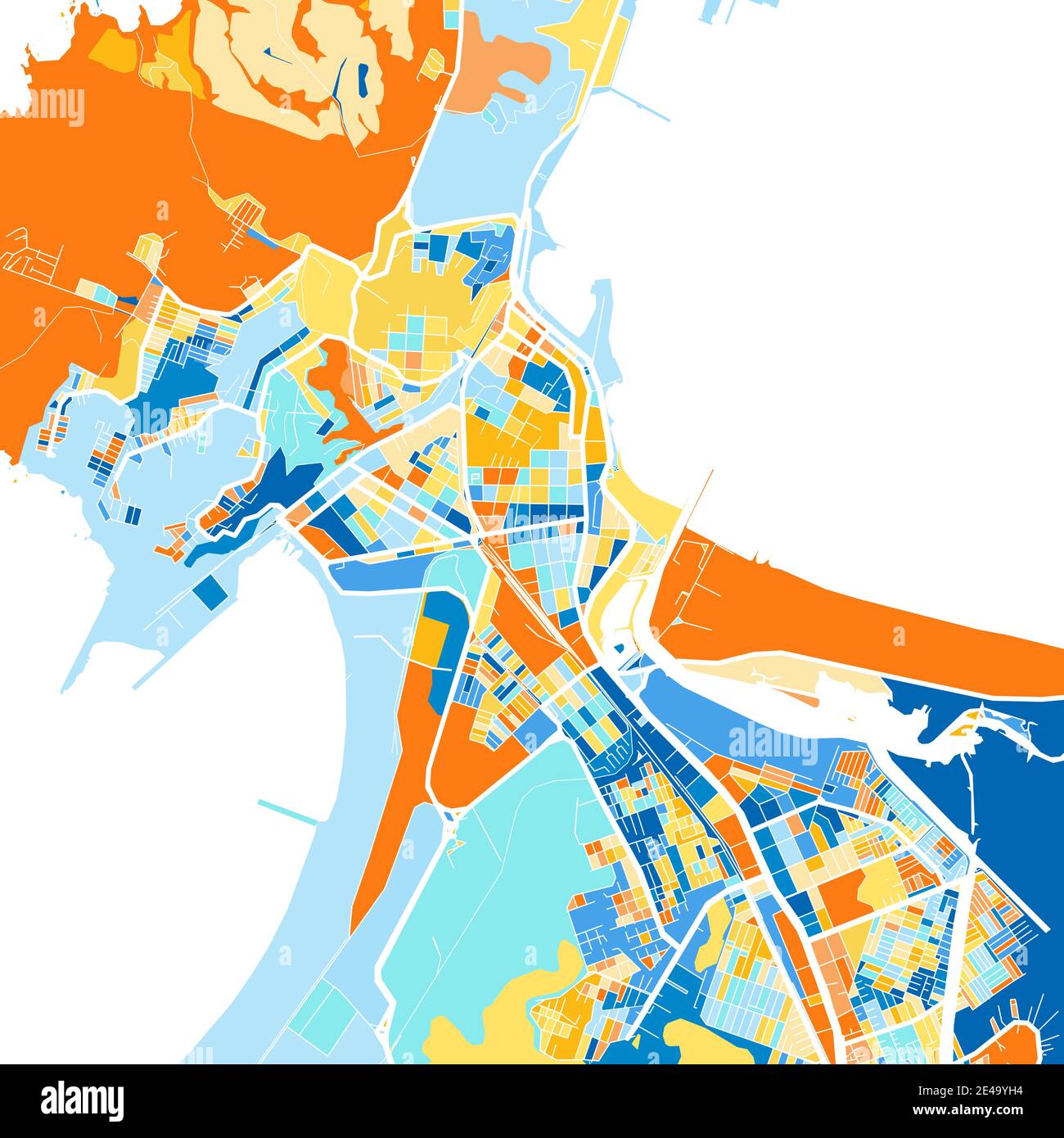 Mappa artistica a colori di Talcahuano, Cile, Cile in blu e arance. Le gradazioni di colore nella mappa di Talcahuano seguono un motivo casuale. Illustrazione Vettoriale