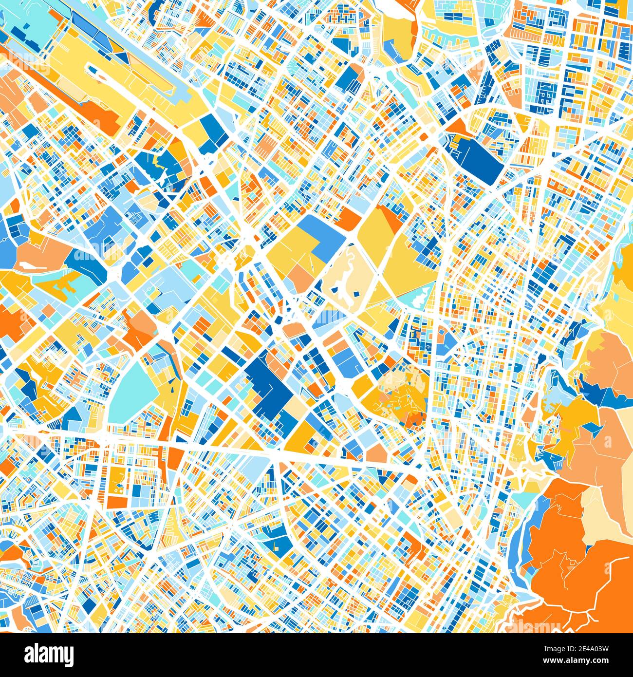 Mappa artistica a colori di Bogotà, Colombia, Colombia in blu e arance. Le gradazioni di colore nella mappa di Bogotà seguono un motivo casuale. Illustrazione Vettoriale