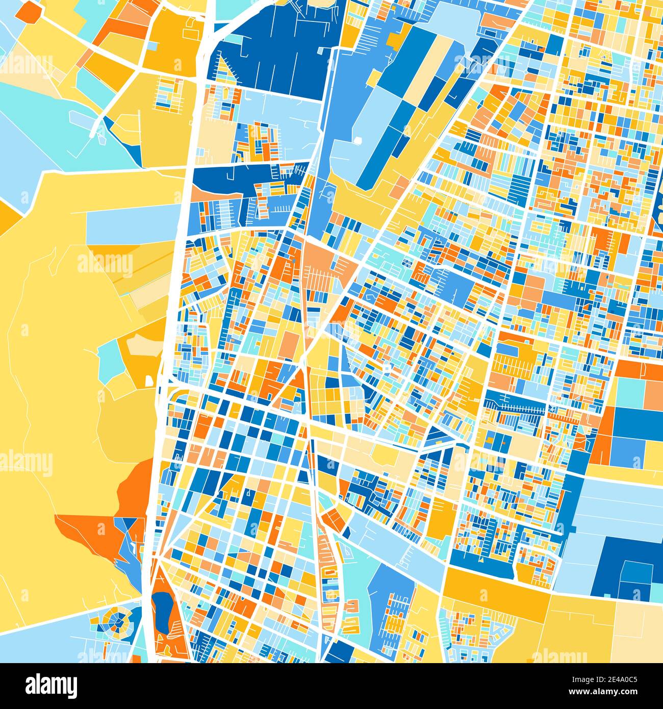 Mappa a colori di SanBernardo, Cile, Cile in blu e arance. Le gradazioni di colore nella mappa di SanBernardo seguono un motivo casuale. Illustrazione Vettoriale