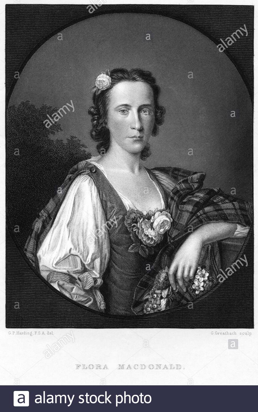 Ritratto di Flora MacDonald, 1722 – 1790, fu un membro dei Macdonalds di Sleat, che aiutò Charles Edward Stuart ad eludere le truppe governative dopo la Battaglia di Culloden nell'aprile 1746, illustrazione d'epoca del 1847 Foto Stock Ritratto di Flora MacDonald, 1722 – 1790, fu un membro dei Macdonalds di Sleat, che aiutò Charles Edward Stuart ad eludere le truppe governative dopo la Battaglia di Culloden nell'aprile 1746, illustrazione d'epoca del 1847 Foto Stock