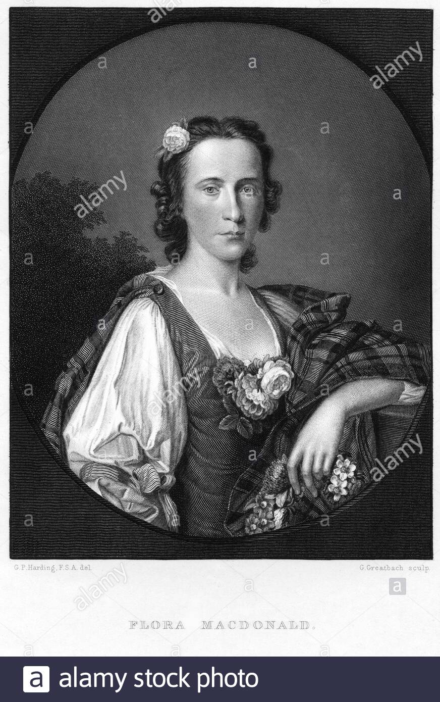 Ritratto di Flora MacDonald, 1722 – 1790, fu un membro dei Macdonalds di Sleat, che aiutò Charles Edward Stuart ad eludere le truppe governative dopo la Battaglia di Culloden nell'aprile 1746, illustrazione d'epoca del 1847 Foto Stock