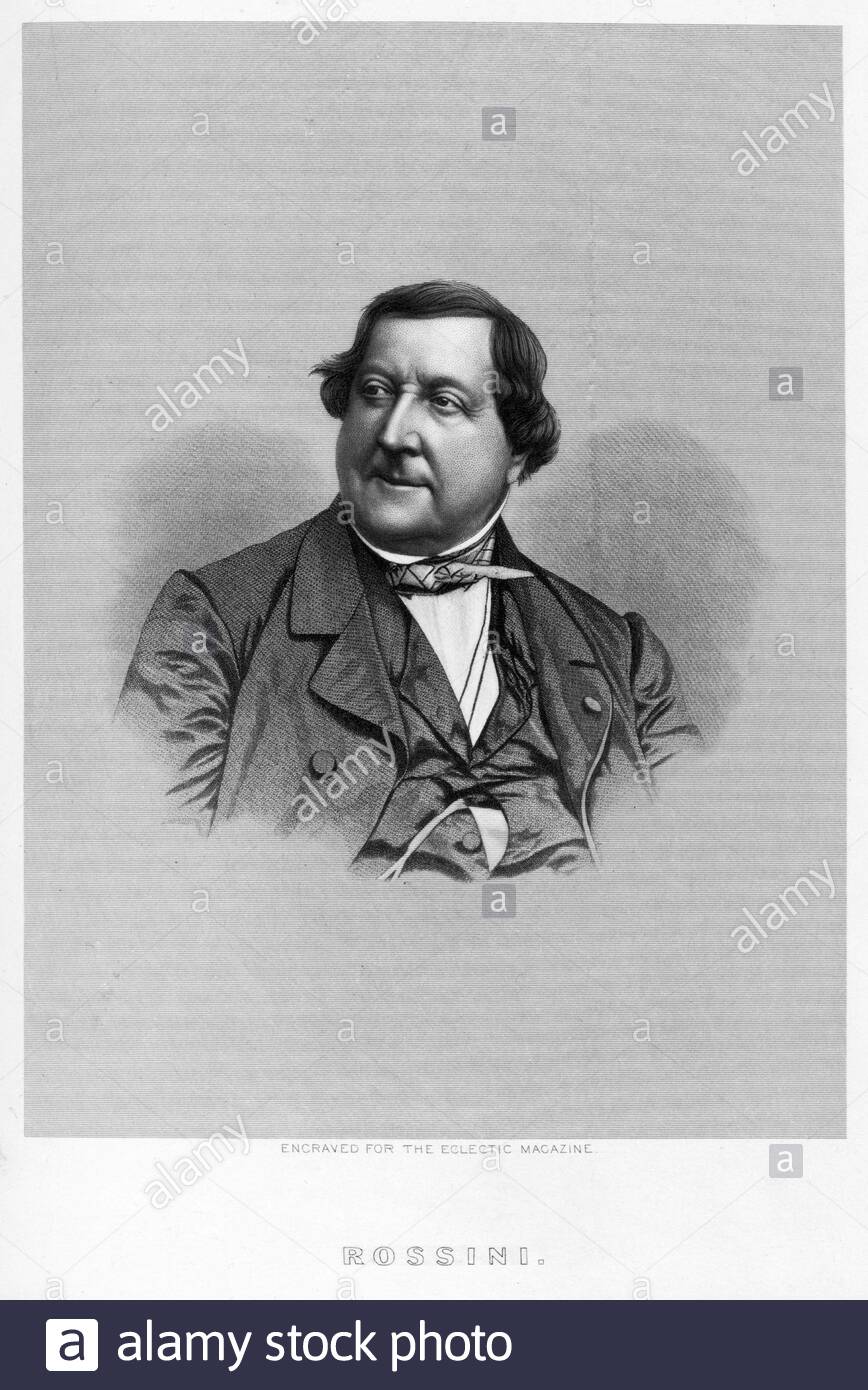 Gioachino Antonio Rossini Ritratto, 1792 – 1868, è stato un compositore italiano che ha guadagnato fama per le sue 39 opere, illustrazione d'annata del 1800 Foto Stock