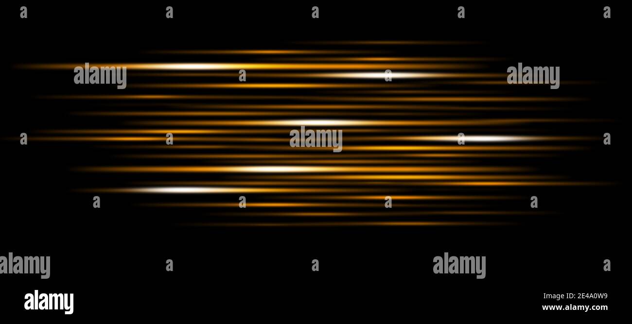 Strisce gialle sfocate e luminose in movimento su uno sfondo nero. Composizione astratta. Foto Stock