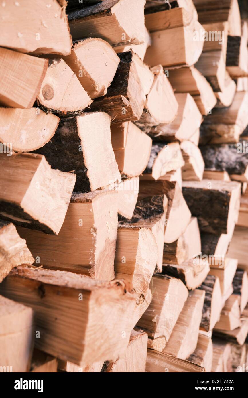 Legna da ardere nel fienile, stock per l'inverno. Foto Stock