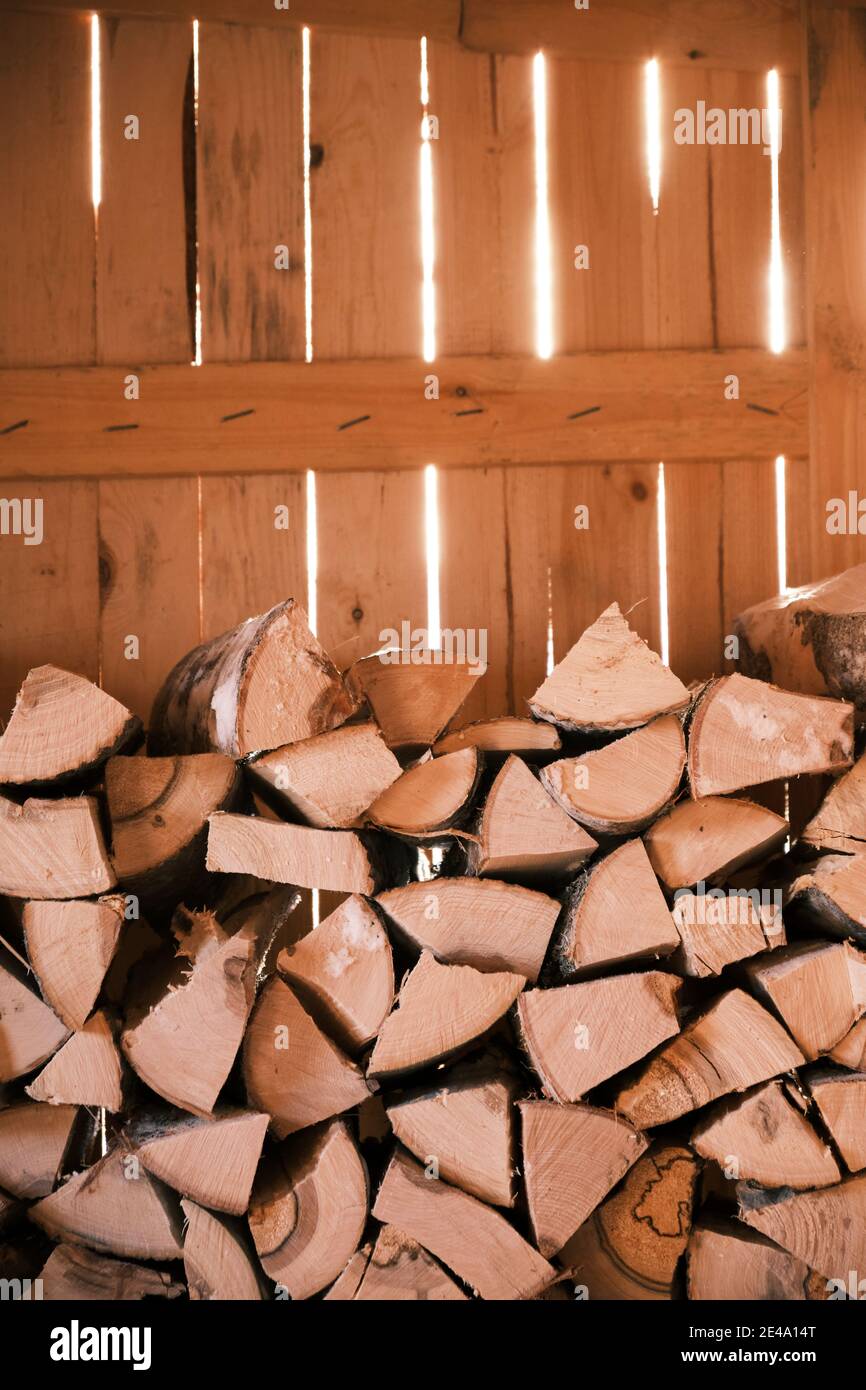 Legna da ardere nel fienile, stock per l'inverno. Foto Stock