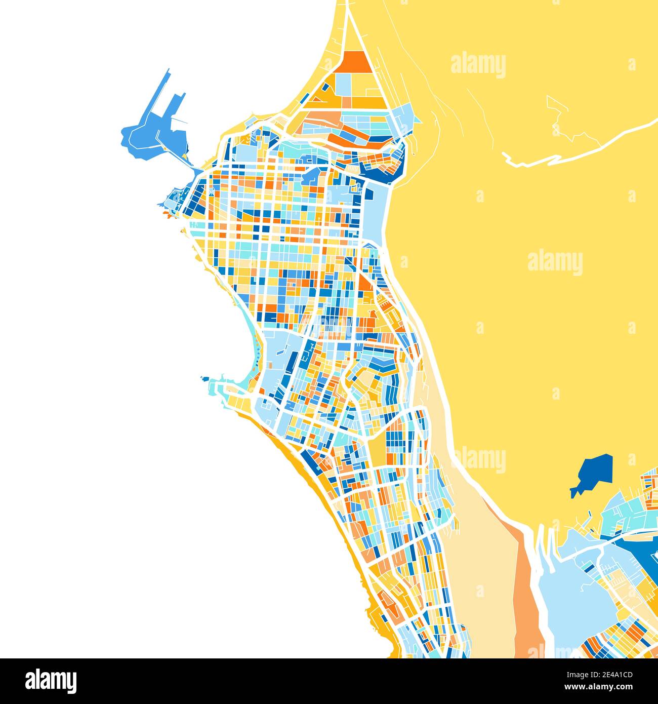 Mappa a colori d'arte di Iquique, Cile, Cile in blu e arance. Le gradazioni di colore nella mappa di Iquique seguono un motivo casuale. Illustrazione Vettoriale