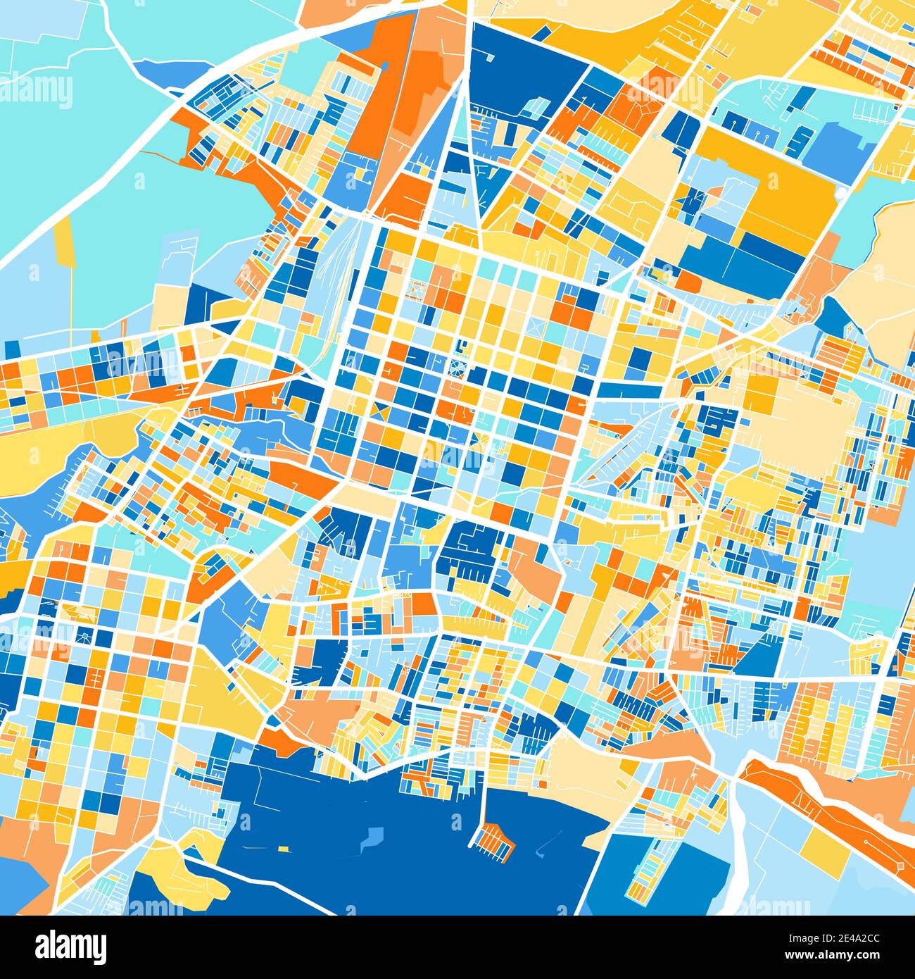 Mappa artistica a colori di Chillan, Cile, Cile in blu e arance. Le gradazioni di colore nella mappa di Chillan seguono un motivo casuale. Illustrazione Vettoriale