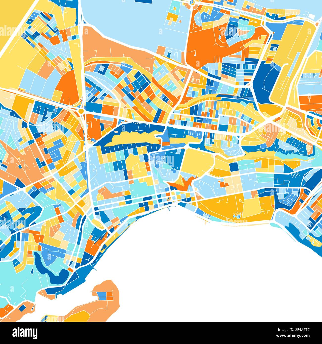 Mappa a colori di PuertoMontt, Cile, Cile in blu e arance. Le gradazioni di colore nella mappa di PuertoMontt seguono un motivo casuale. Illustrazione Vettoriale