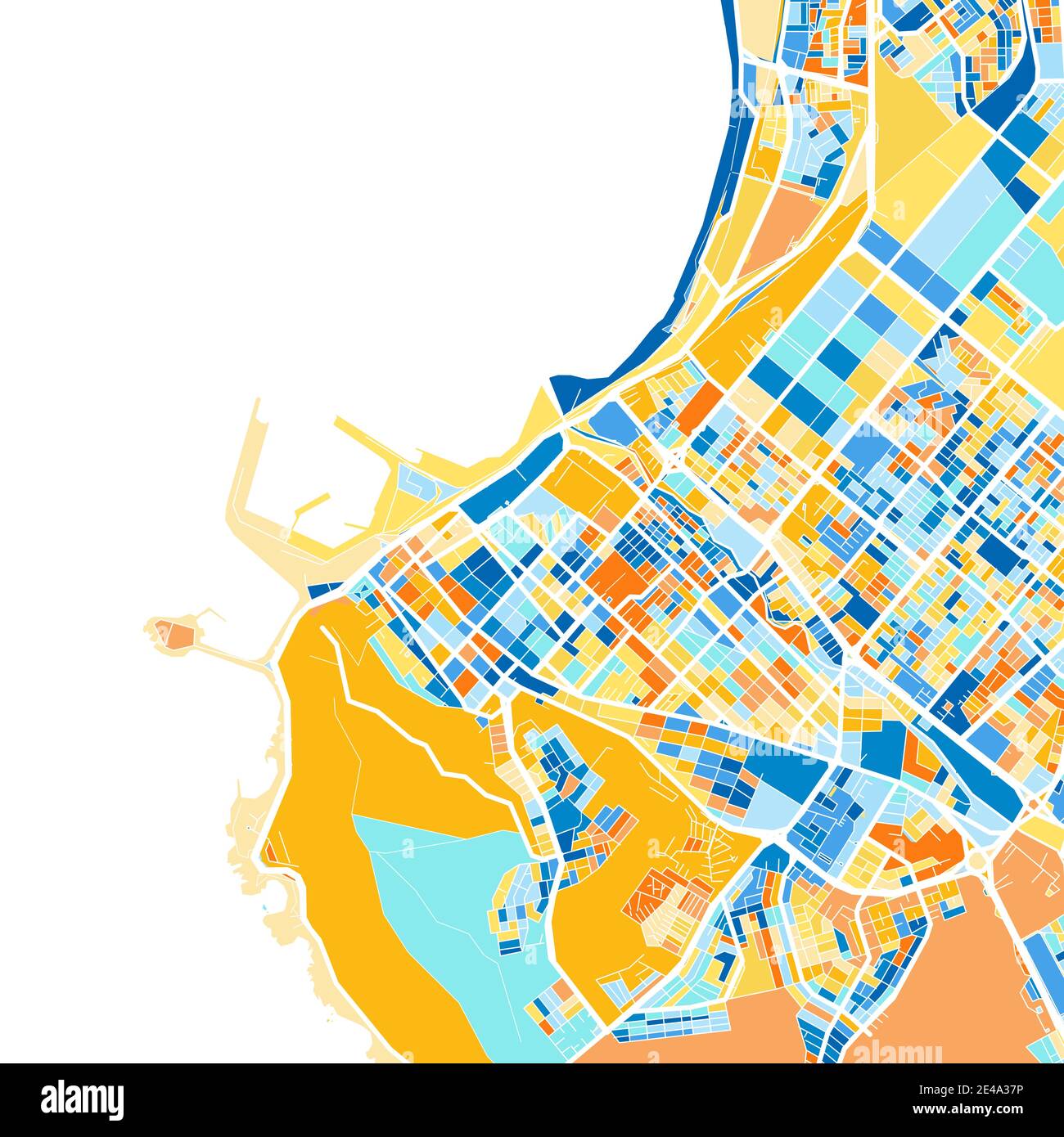 Mappa artistica a colori di Arica, Cile, Cile in blu e arance. Le gradazioni di colore nella mappa di Arica seguono un motivo casuale. Illustrazione Vettoriale