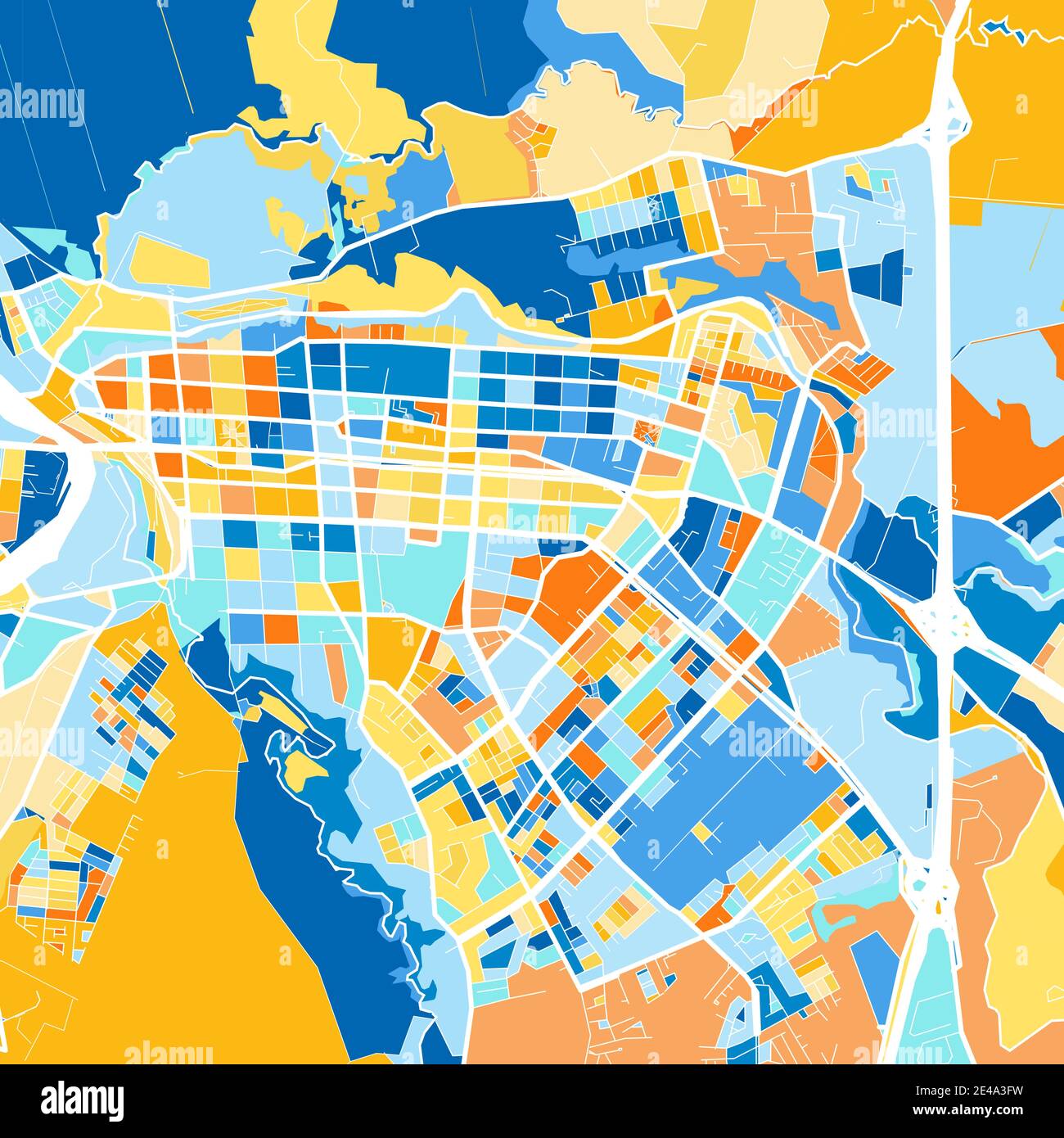 Mappa artistica a colori di Osorno, Cile, Cile in blu e arance. Le gradazioni di colore nella mappa di Osorno seguono un motivo casuale. Illustrazione Vettoriale