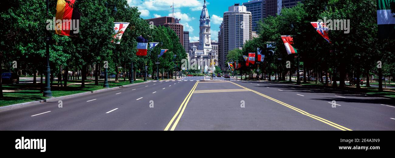 Bandiere di campagna sugli alberi lungo Martin Luther King Drive, Philadelphia, Pennsylvania, USA Foto Stock