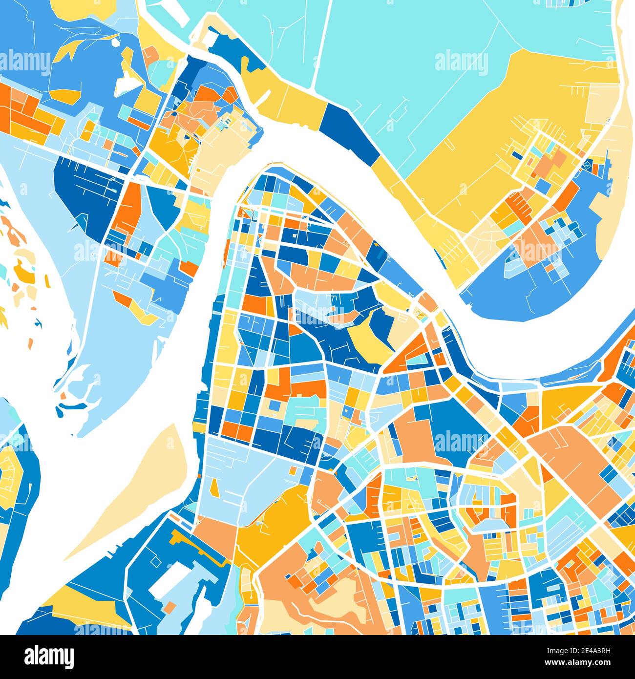 Mappa artistica a colori di Valdivia, Cile, Cile in blu e arance. Le gradazioni di colore nella mappa Valdivia seguono un motivo casuale. Illustrazione Vettoriale