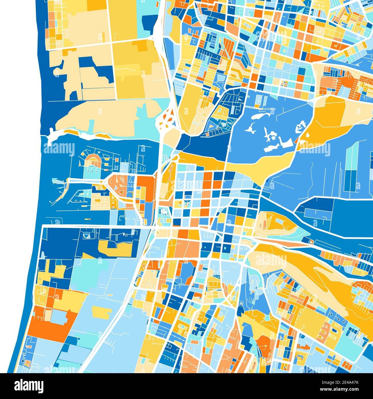 Mappa a colori di LaSerena, Cile, Cile in blu e arance. Le gradazioni di colore nella mappa LaSerena seguono un motivo casuale. Illustrazione Vettoriale