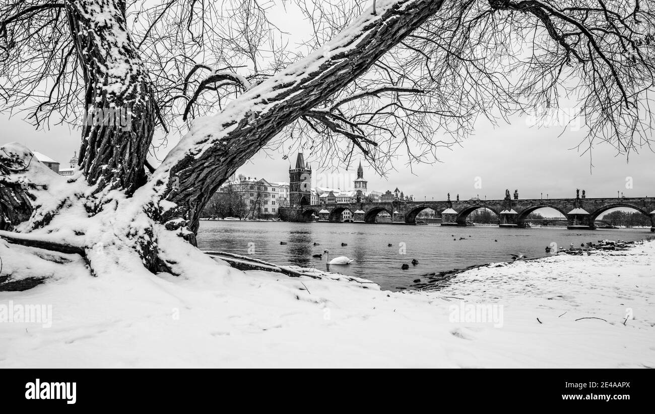 Ponte Carlo e fiume Moldava in inverno Foto Stock