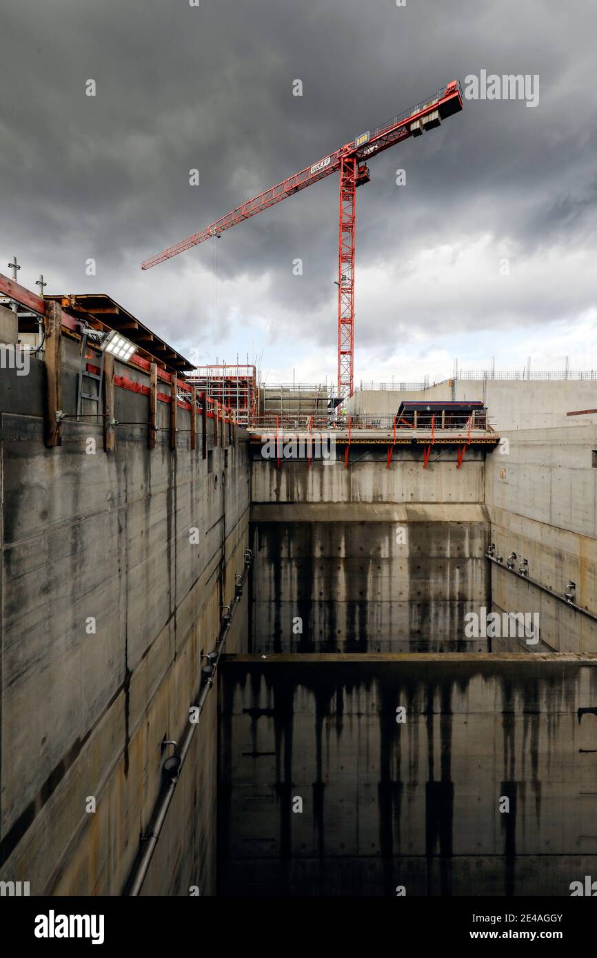Oberhausen, area della Ruhr, Renania Settentrionale-Vestfalia, Germania - Emscher conversione, nuova costruzione della fogna DI EMSCHER, qui cantiere del nuovo progetto di costruzione della stazione di pompaggio di Oberhausen. Foto Stock