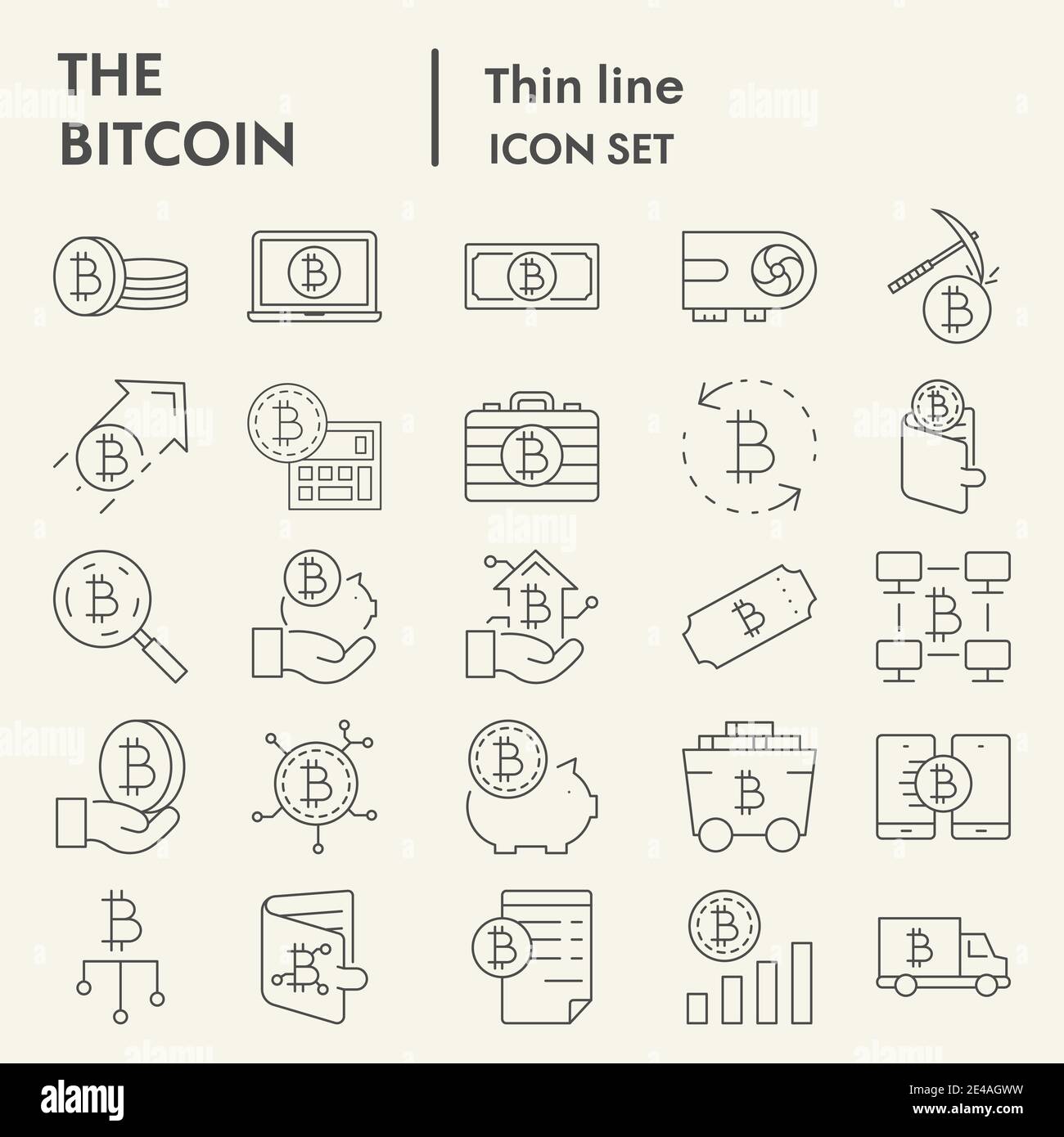 Set di icone a linea sottile Bitcoin, collezione di simboli di criptovaluta, schizzi vettoriali, illustrazioni di logo, pacchetti di pittogrammi lineari per cartelloni digitali Illustrazione Vettoriale