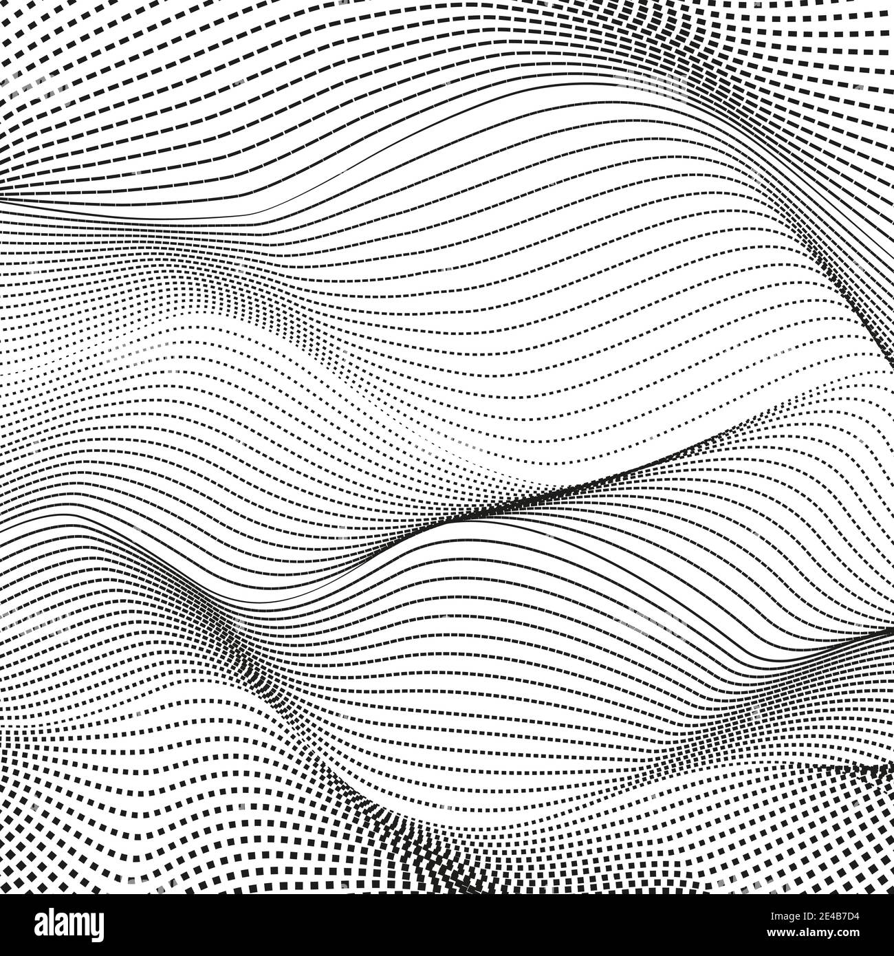 Linee di squiggle punteggiate nere. Modello vettoriale. Sfondo astratto, superficie deformata. Design op art monocromatico. Concetto di ondulazione scientifica. EPS10 Illustrazione Vettoriale