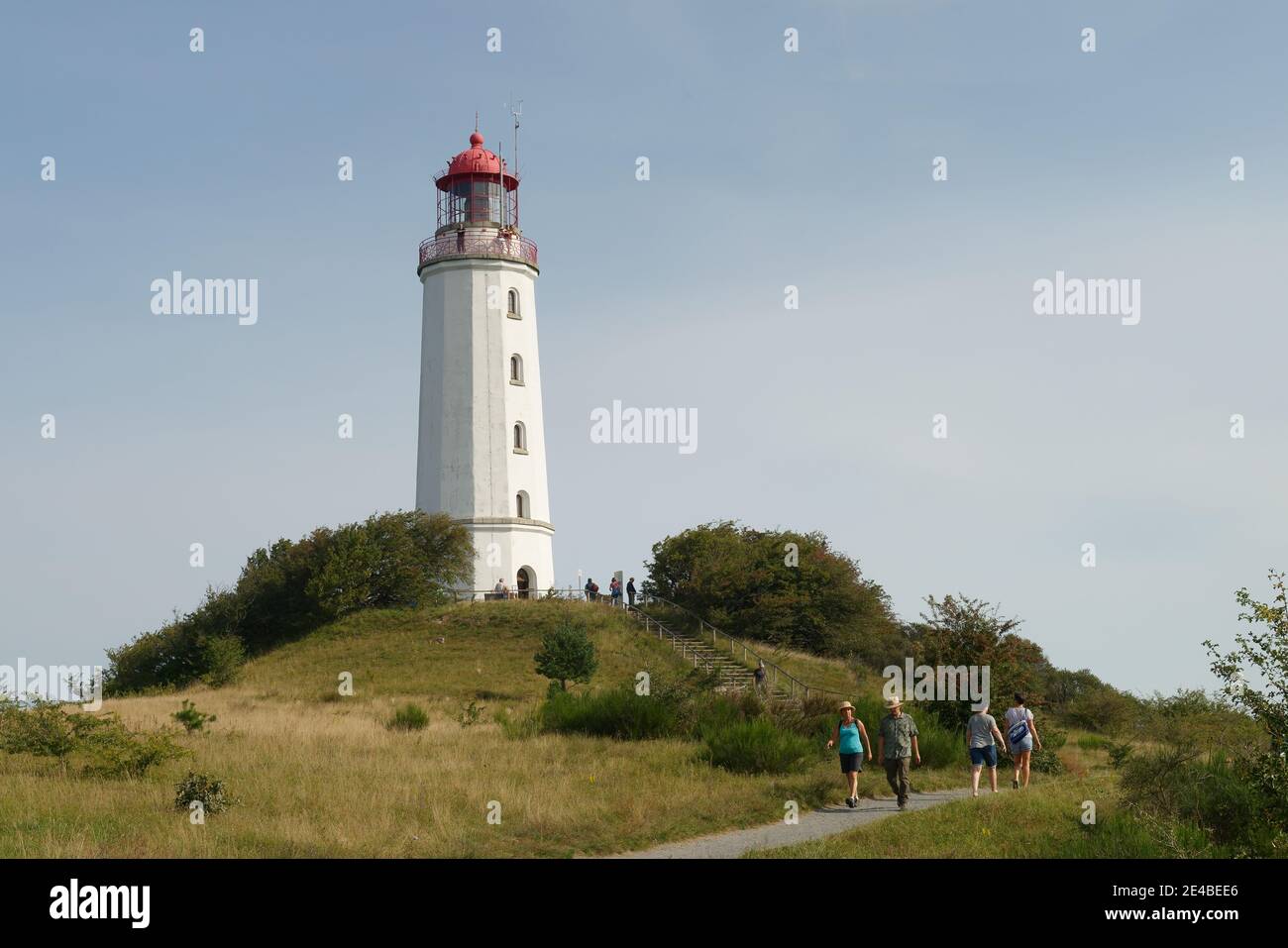 Faro di Dornbusch, isola di Hiddensee, Mar Baltico, Meclemburgo-Pomerania occidentale, Parco Nazionale della Laguna di Pomerania Occidentale, Germania, Foto Stock