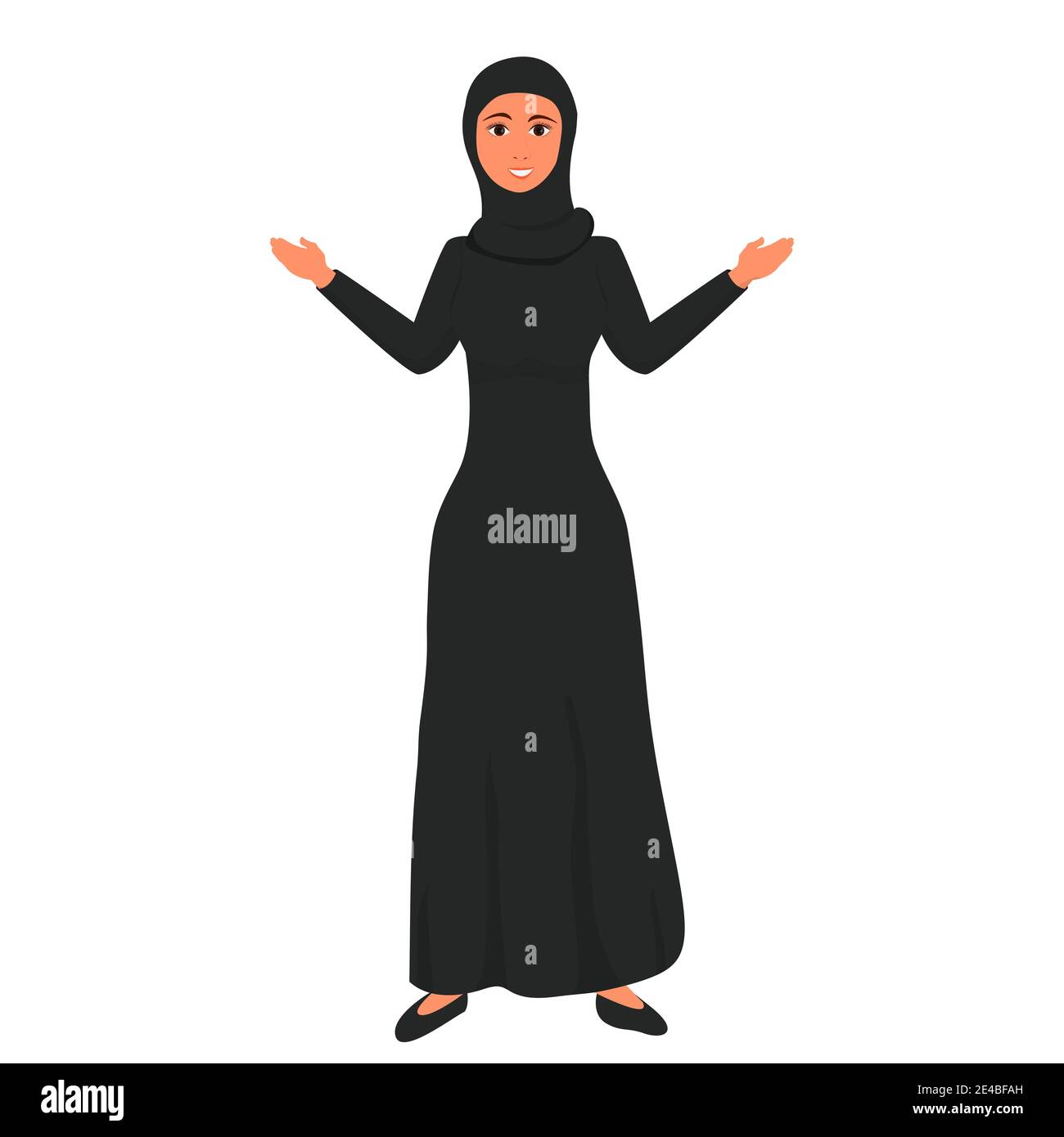 Donne musulmane in hijab intera lunghezza sorridente in nero tradizionale, abito etnico isolato su sfondo bianco. Elegante gesto femminile, stile cartone animato, posi Illustrazione Vettoriale
