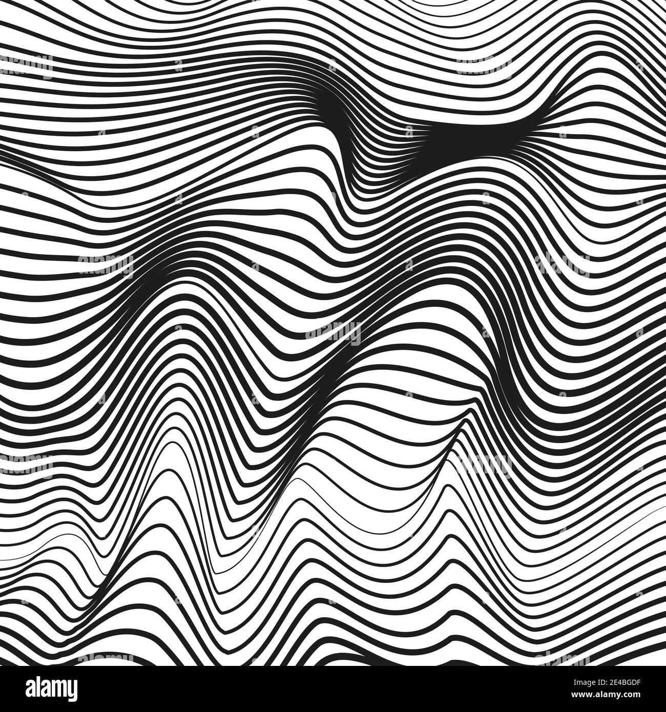 Motivo techno in bianco e nero. Suono, onde radio. Design line art. Curve di squiggle vettoriali. Superficie deformata. Sfondo monocromatico astratto. EPS10 Illustrazione Vettoriale