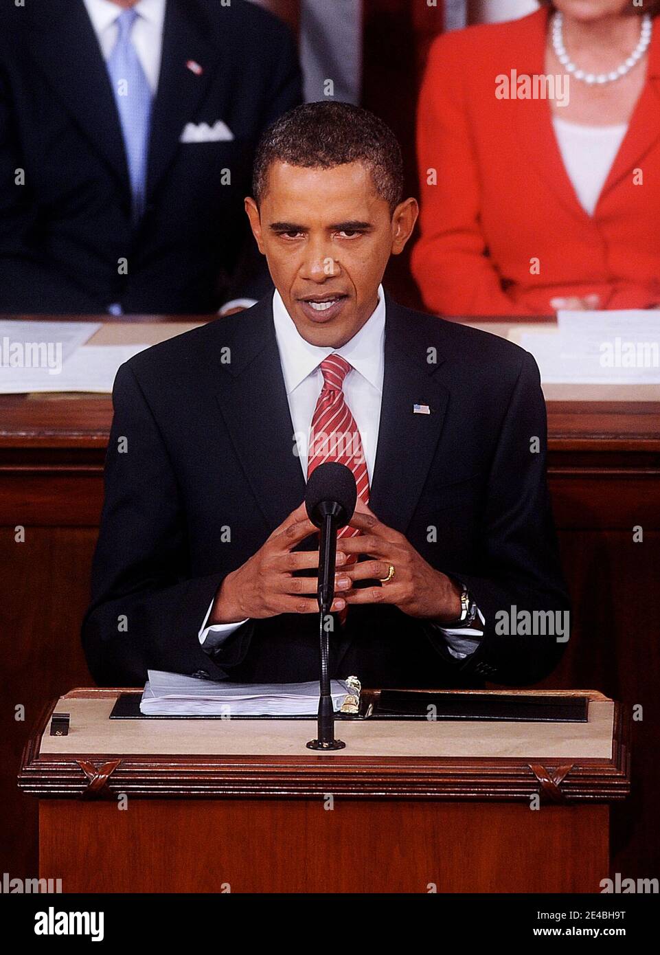 Il presidente DEGLI STATI UNITI Barack Obama si è rivolto a una sessione congiunta del Congresso sul suo piano di riforma sanitaria imbalsato presso il Campidoglio degli Stati Uniti a Washington, DC, il 9 settembre 2009. Foto di Olivier Douliery /ABACAPRESS.COM (nella foto:Barack Obama) Foto Stock