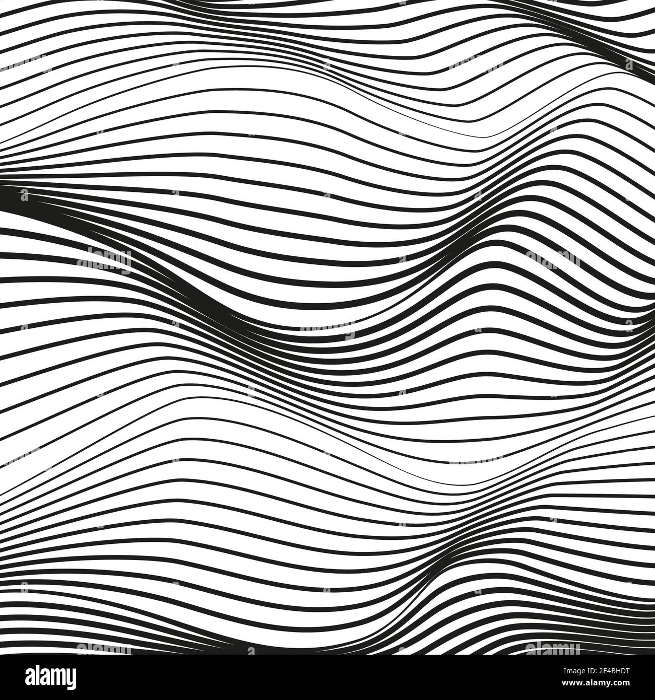 Linee ondulate nere su sfondo bianco. Superficie deformata. Modello op art astratto. Concetto moderno. Squiggle vettoriale, linee ondulate. Design tecnologico. EPS10 Illustrazione Vettoriale