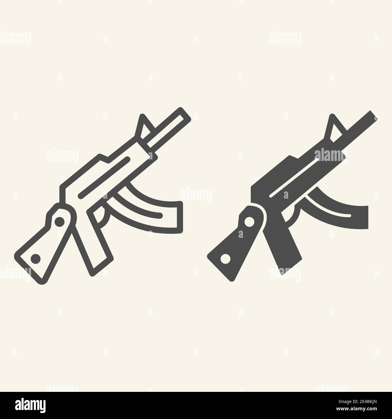 Linea di fucile d'assalto Kalashnikov e icona glifo. Illustrazione vettoriale automatica della pistola isolata in bianco. Disegno di stile di contorno dell'arma, progettato per il fotoricettore e. Illustrazione Vettoriale