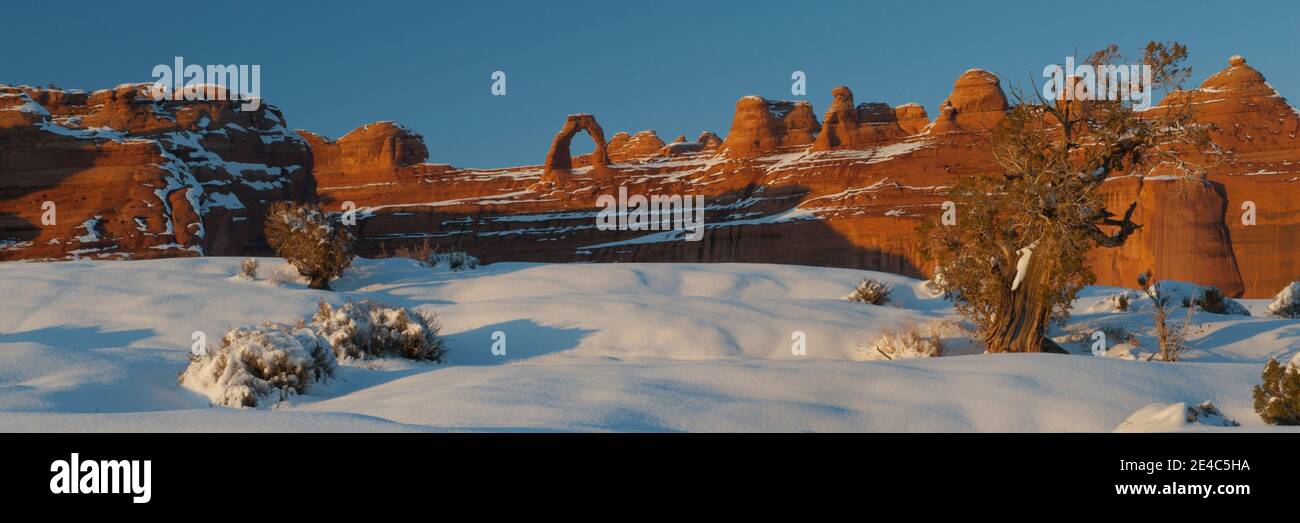 Formazioni rocciose in inverno, delicato arco, delicato Arch Viewpoint, Arches National Park, Utah, USA Foto Stock