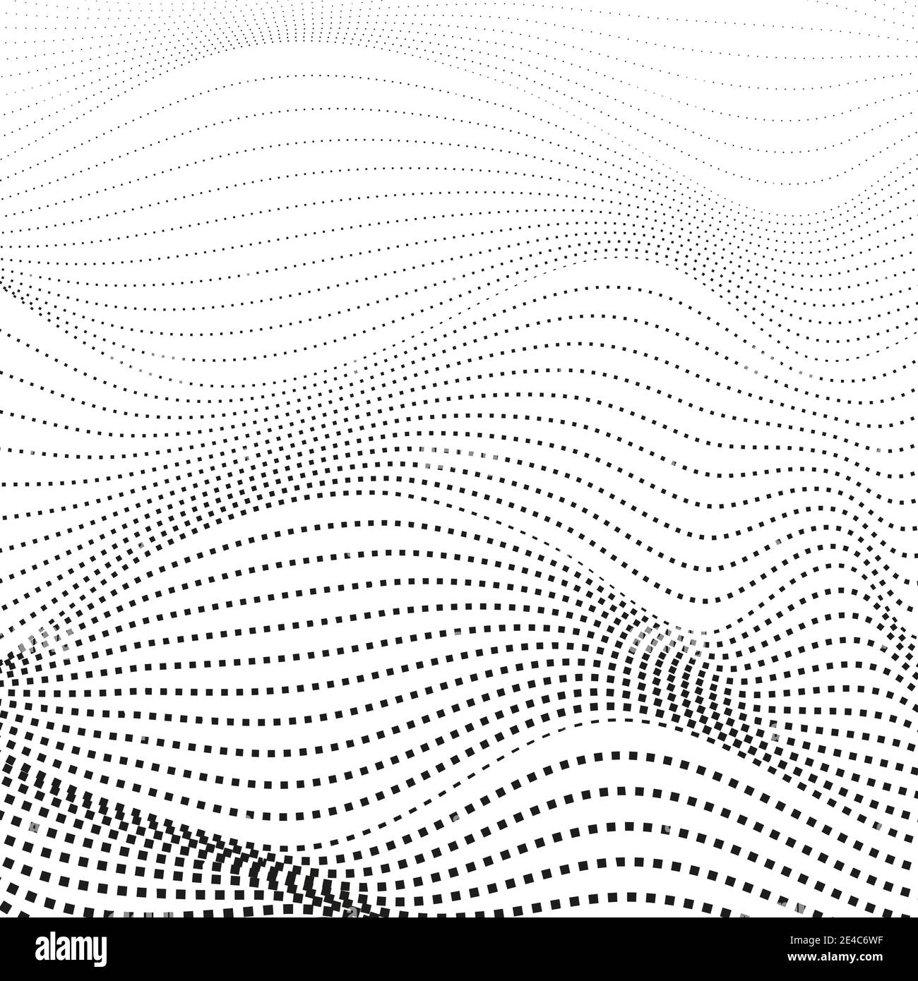 Design op art monocromatico. Linee di squiggle punteggiate nere. Sfondo astratto, curve deformate. Modello di mezzitoni vettoriale. Concetto di stile industriale. EPS10 Illustrazione Vettoriale