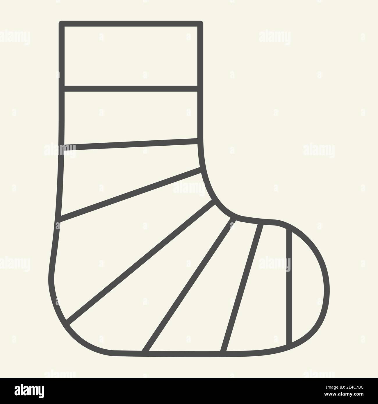 Icona della linea sottile del piede in gesso. Pittogramma a forma di gamba in gesso umano su sfondo bianco. Piede rotto per il concetto mobile e il disegno di fotoricettore. Vettore Illustrazione Vettoriale