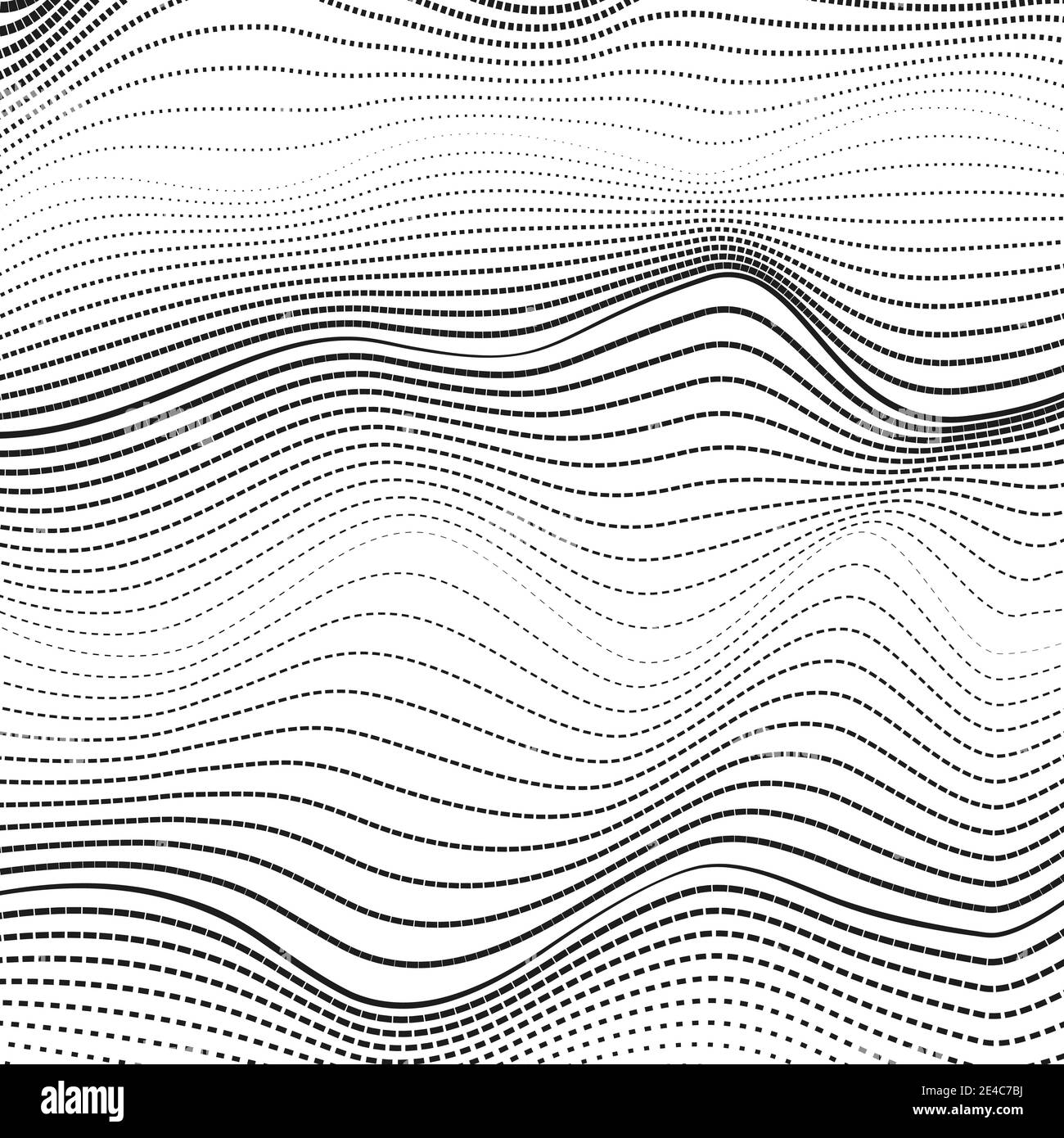 Onde punteggiate nere, linee squiggle, sfondo bianco. Design op art monocromatico. Superficie deformata astratta. Modello di mezzitoni vettoriale. Curve ondulate. EPS10 Illustrazione Vettoriale