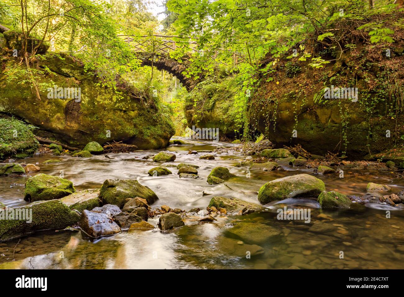 Un ponte di pietra nella foresta vicino al villaggio Breidweiler In Lussemburgo Foto Stock