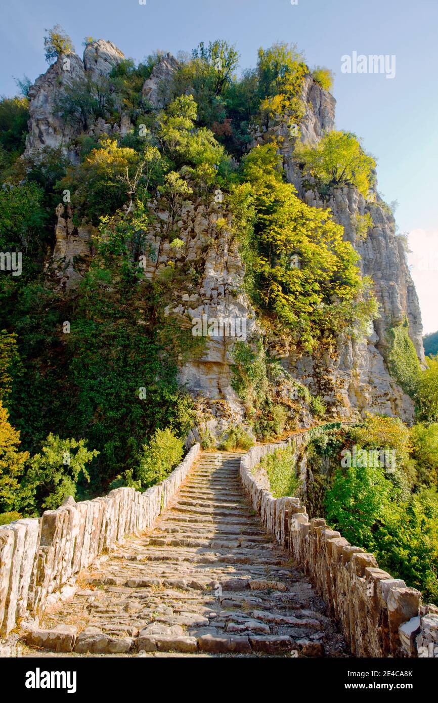 Il ponte in pietra ad arco singolo Kokkoris è stato costruito nel 1750, si estende su una stretta valle del ruscello tra due pareti ripide, regione montuosa dell'Epiro, Grecia settentrionale Foto Stock